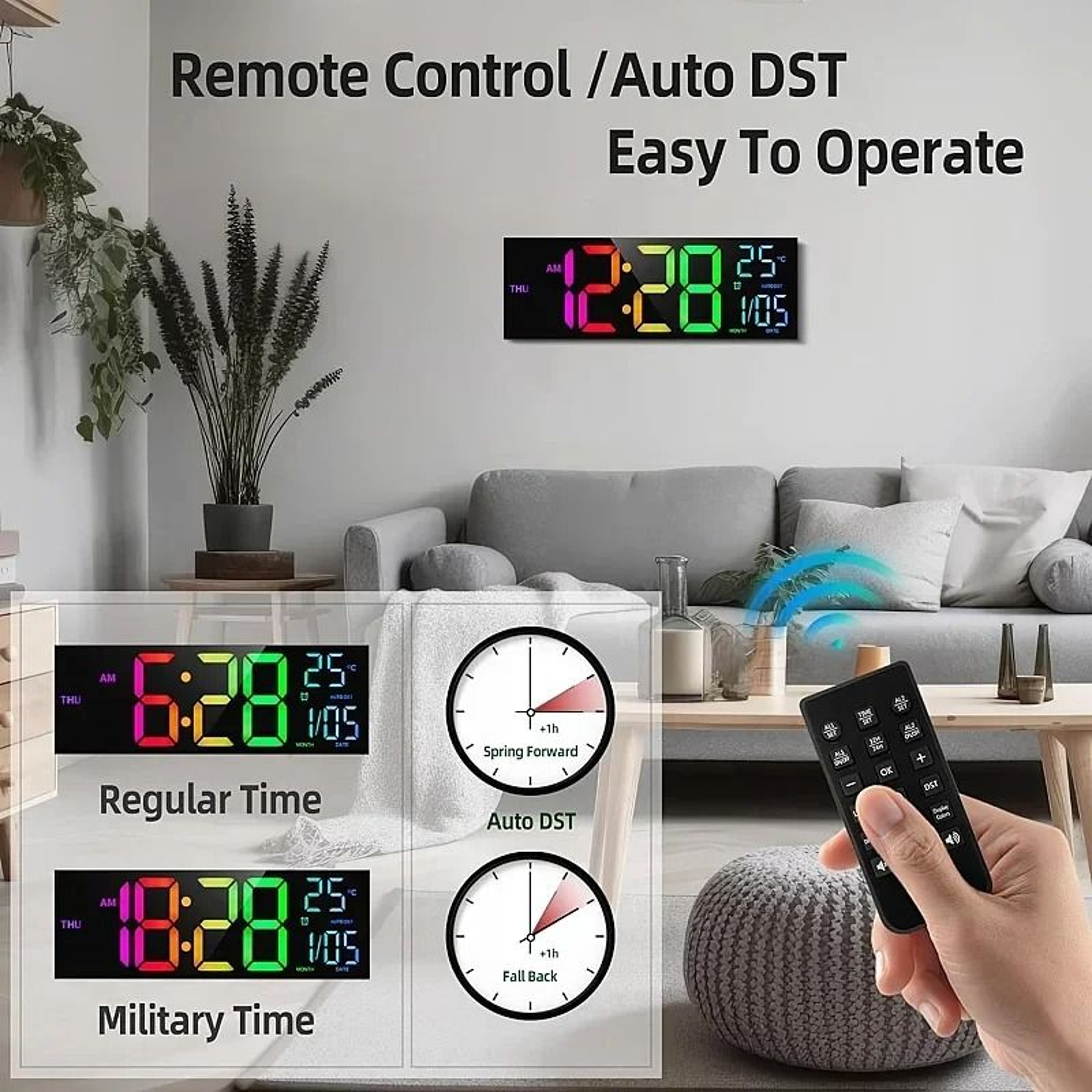 Large RGB Digital Wall Clock With Remote Dual Alarms And Countdown Timer 8
