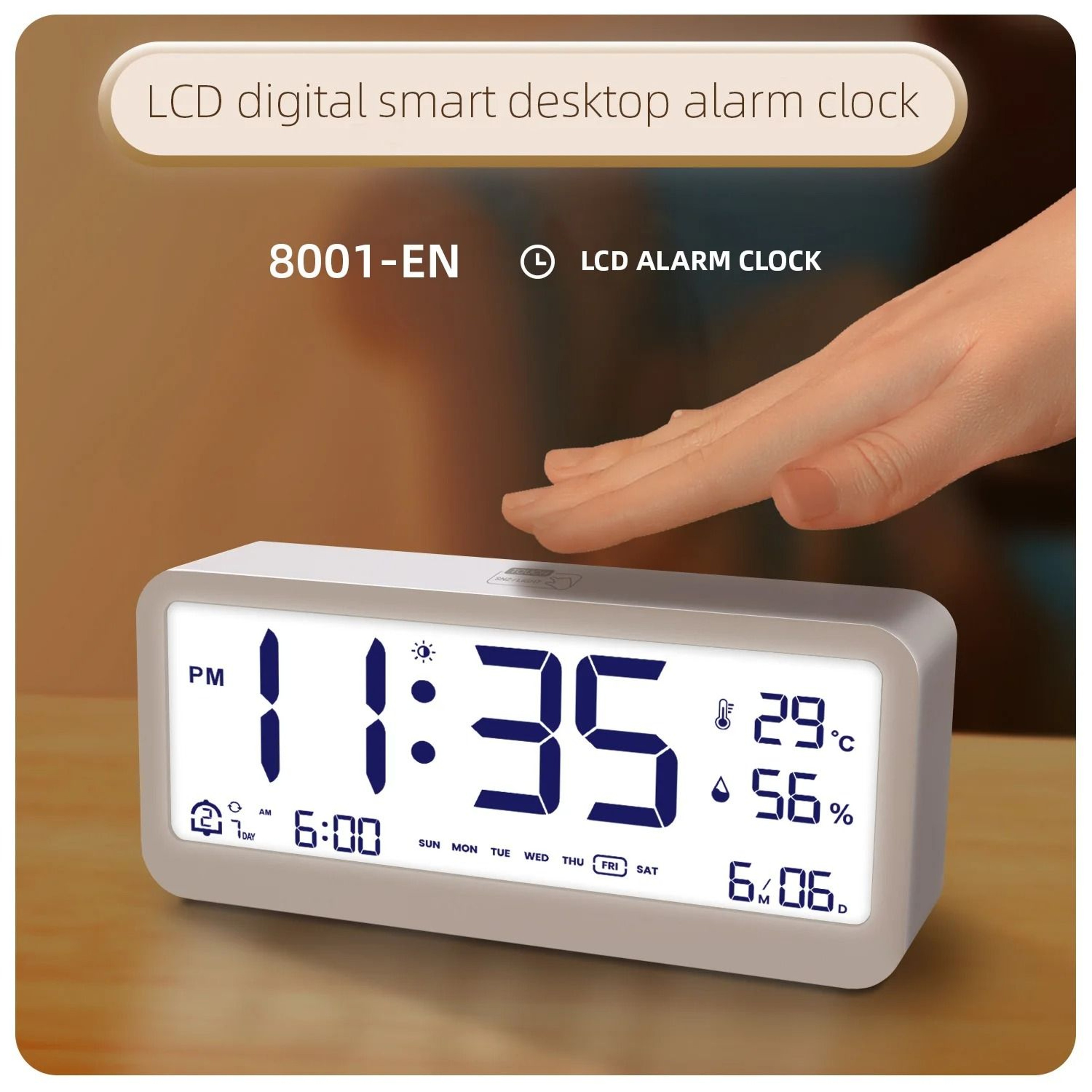 8001EN Digital Alarm Clock With Temperature Humidity Display 0