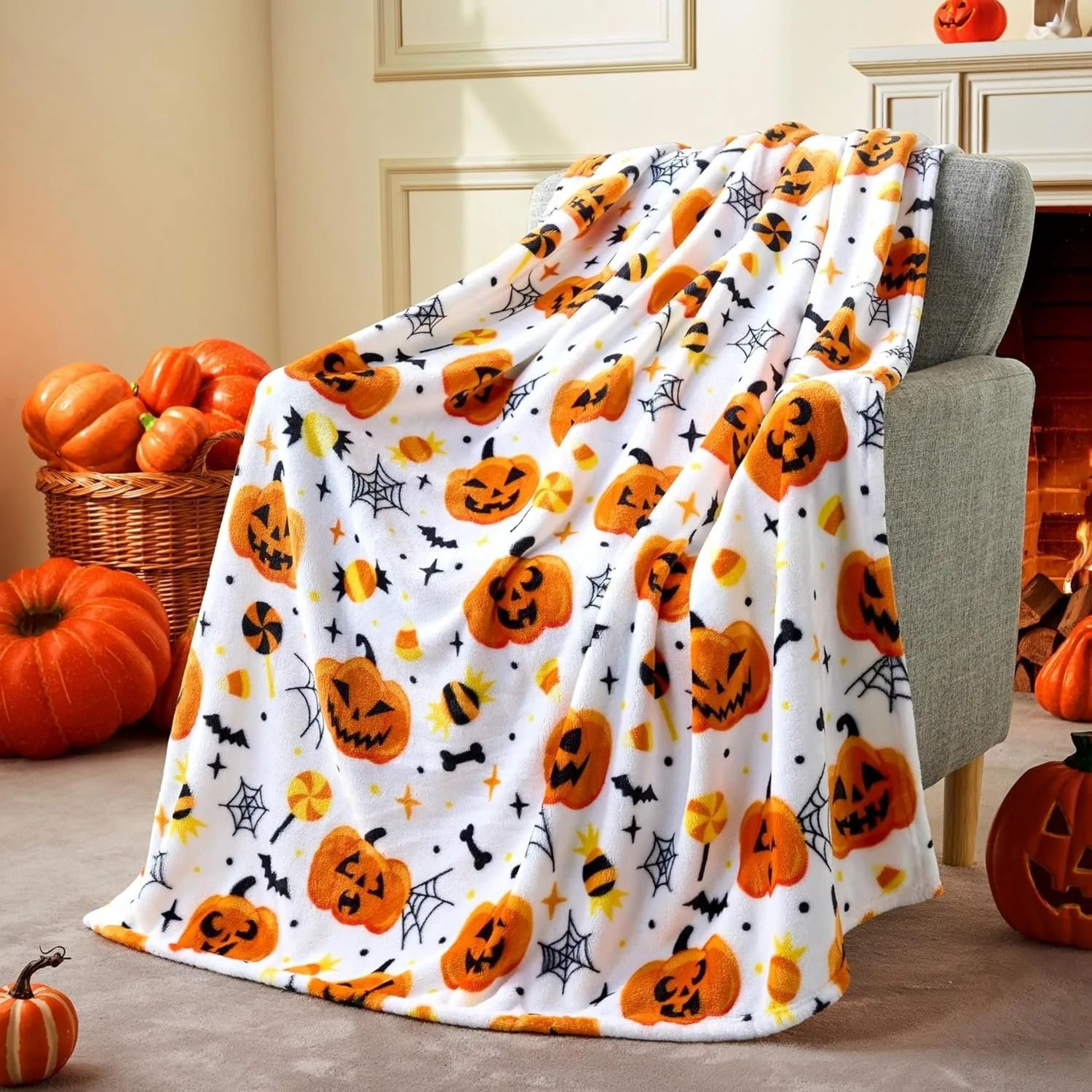 Halloween Fleece Throw Blanket Black Bat Pumpkin Ghost Skull Design 5