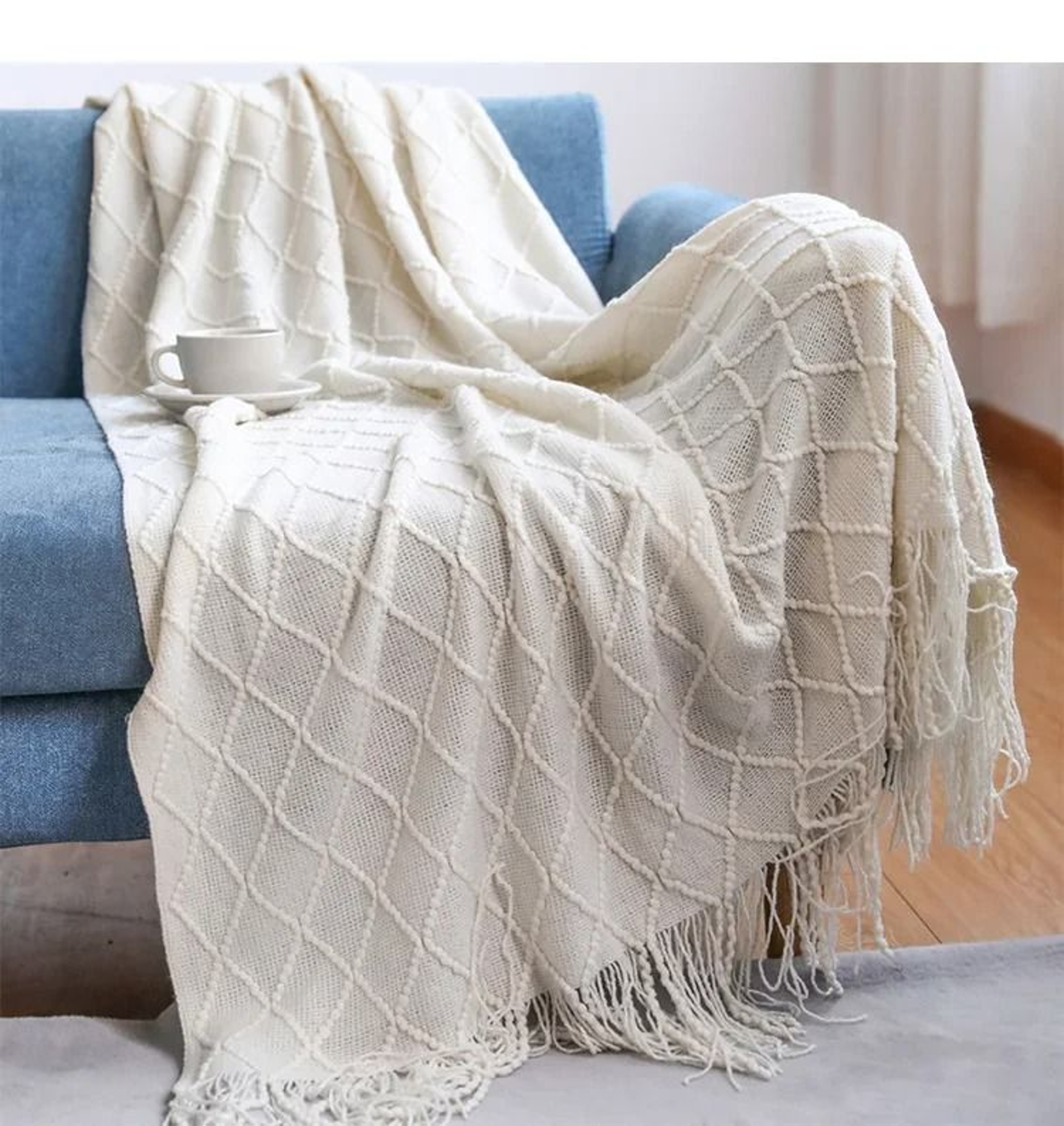 Nordic Knitted Throw Blanket With Tassels Soft Textured Sofa Cover 4