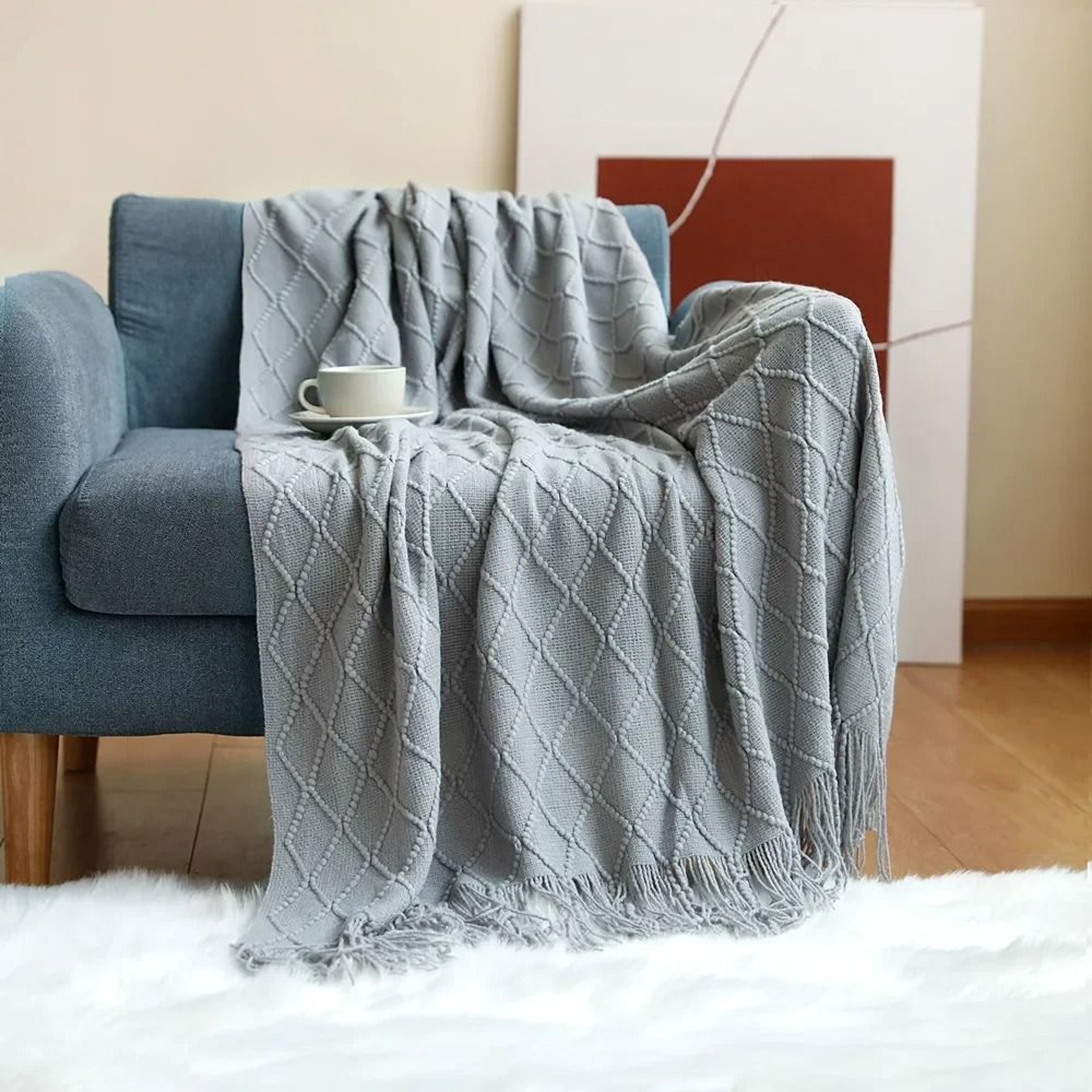 Nordic Knitted Throw Blanket With Tassels Soft Textured Sofa Cover 9