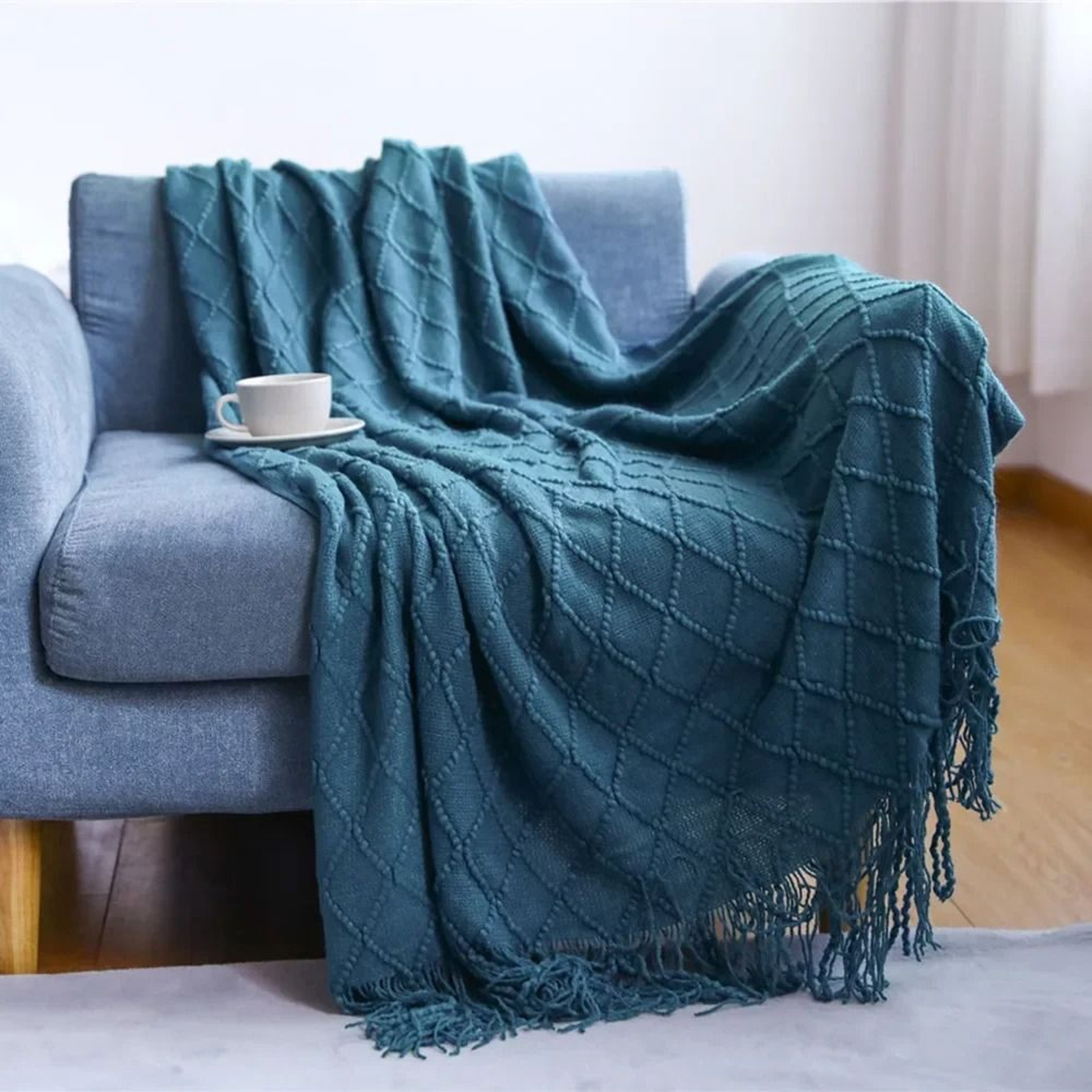 Nordic Knitted Throw Blanket With Tassels Soft Textured Sofa Cover 17
