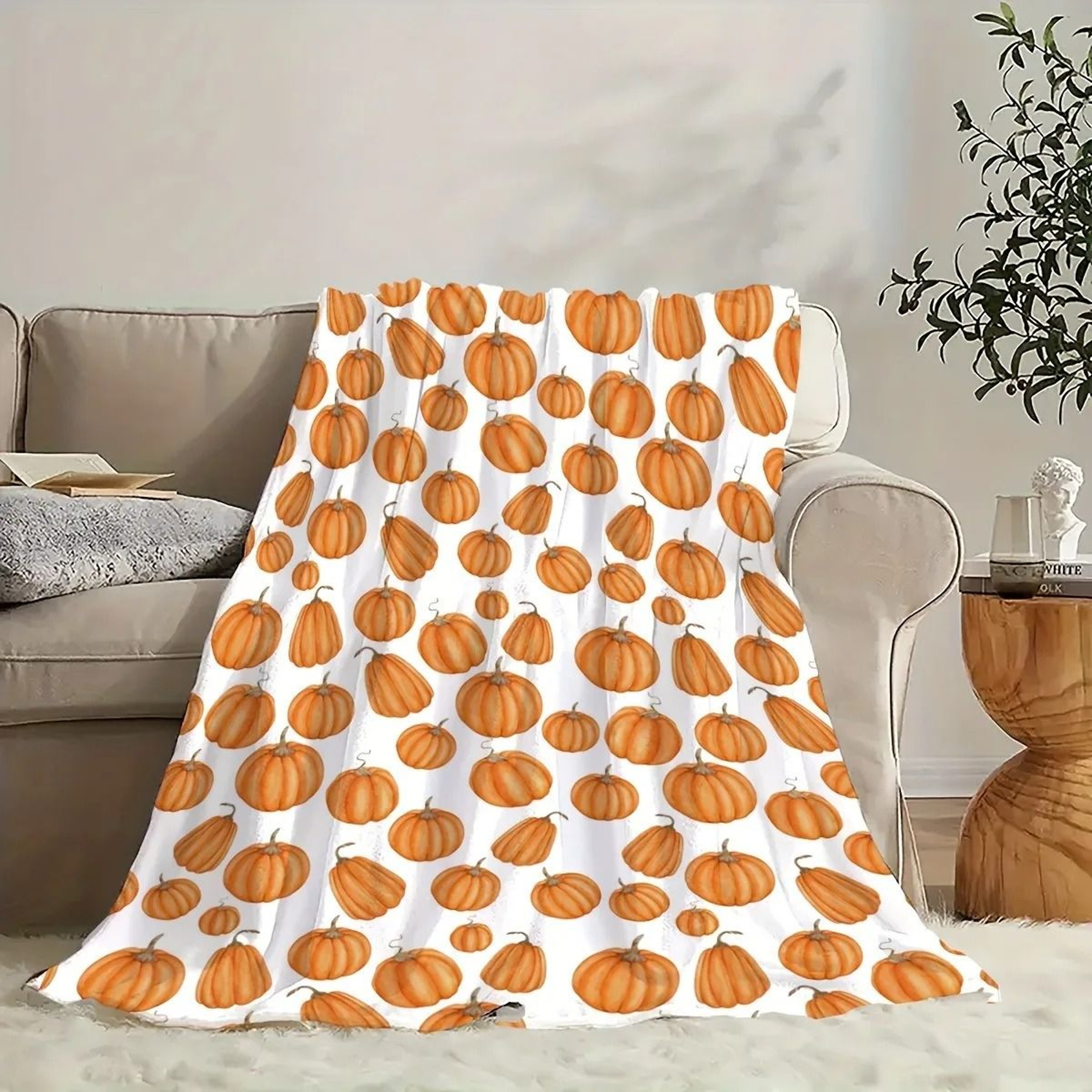 Pumpkin Print Flannel Throw Blanket Cozy Fall Sofa And Bed Cover 3