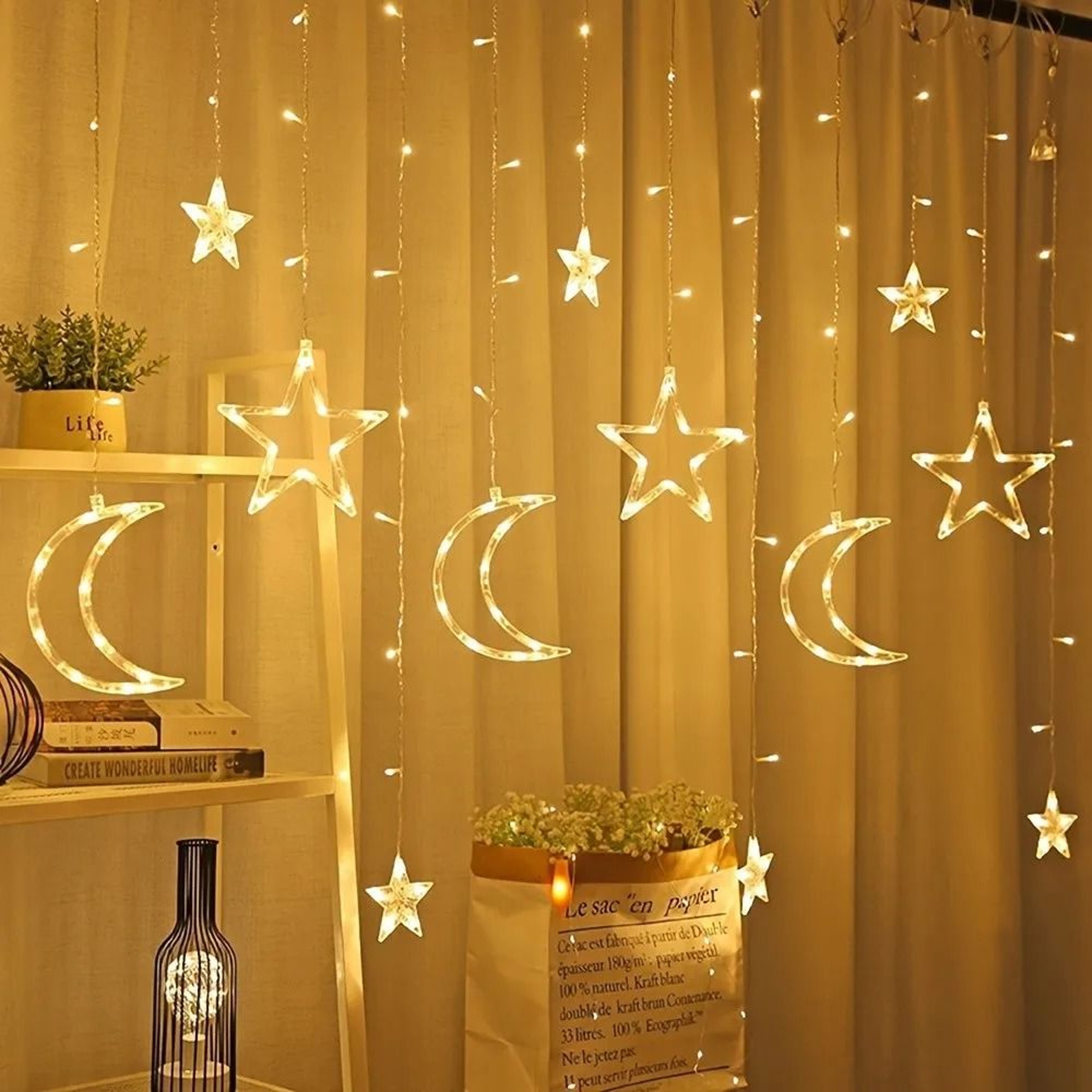 35M Star And Moon LED Curtain Lights 120 LED Battery Powered 2