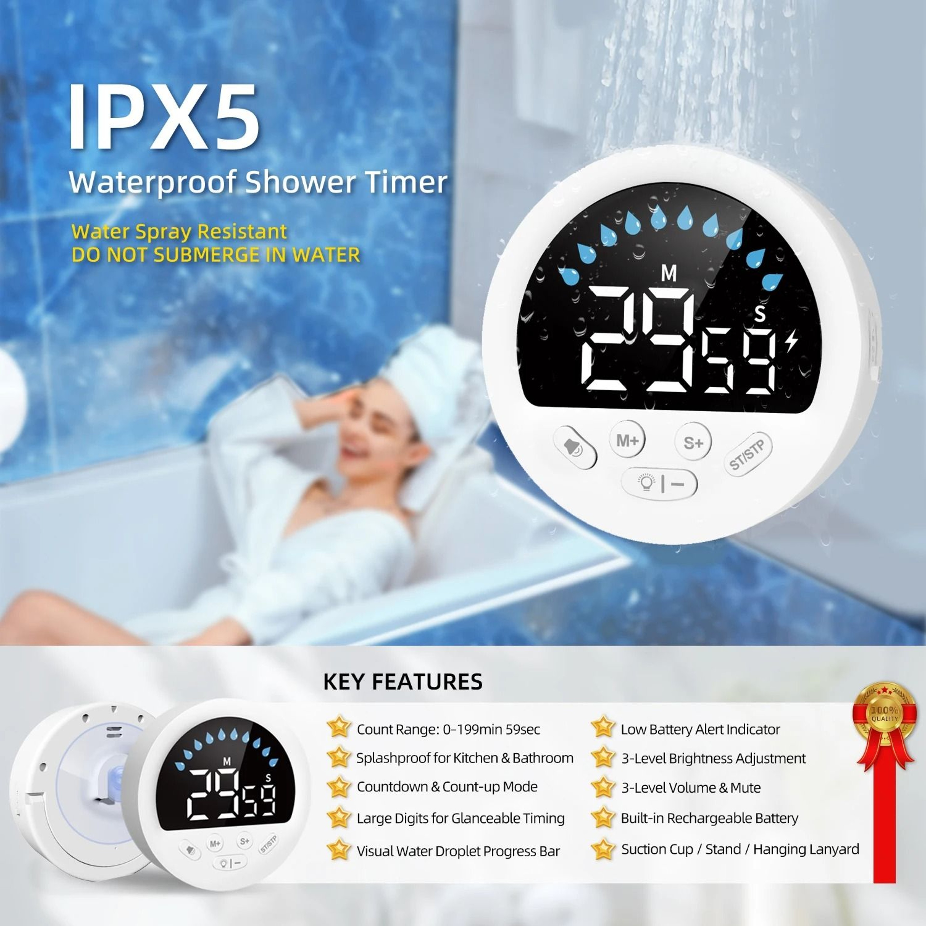 AquaTrack Waterproof Shower Timer With LED Display 5