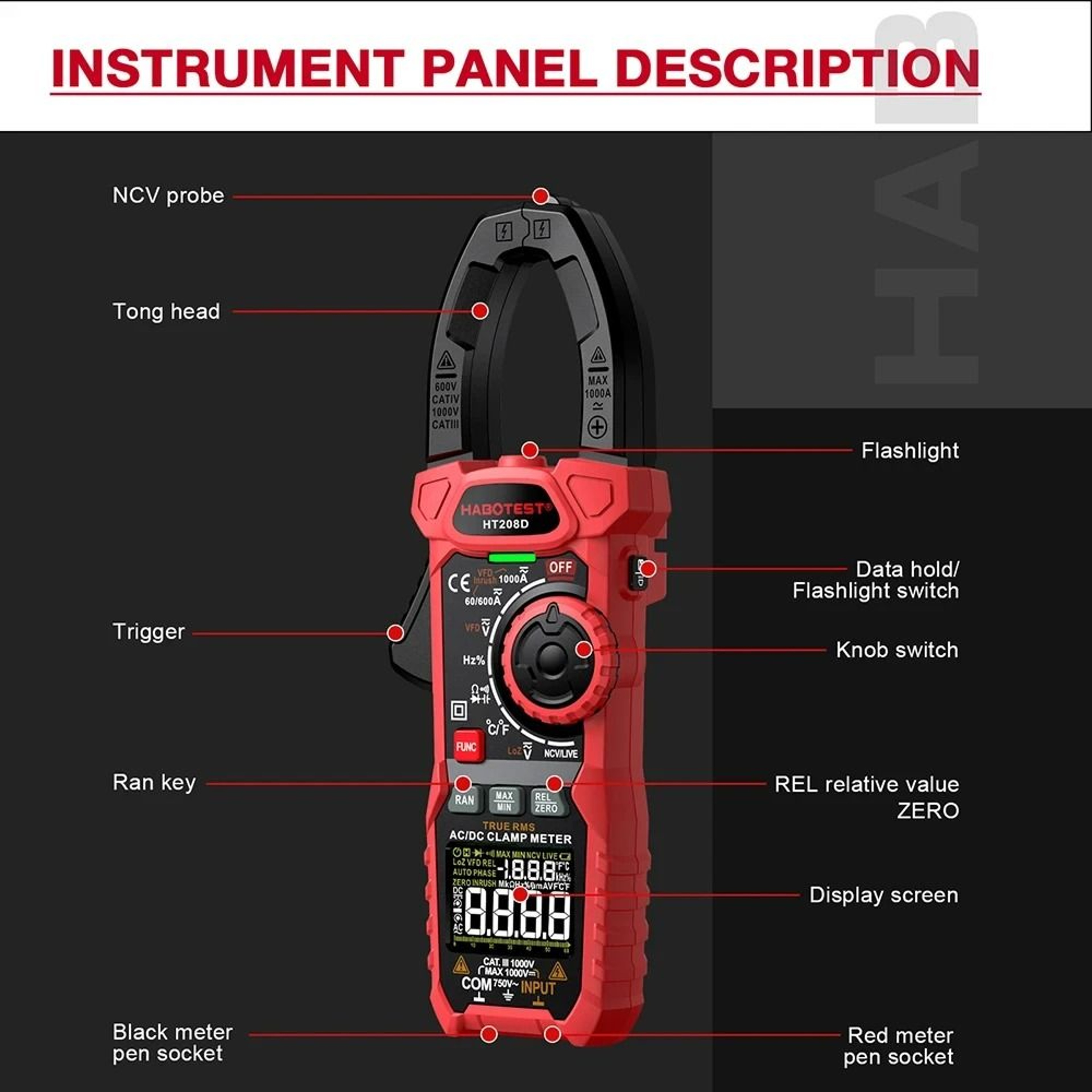 HT208D 1000A True RMS Digital Clamp Meter AC DC Current Tester 3