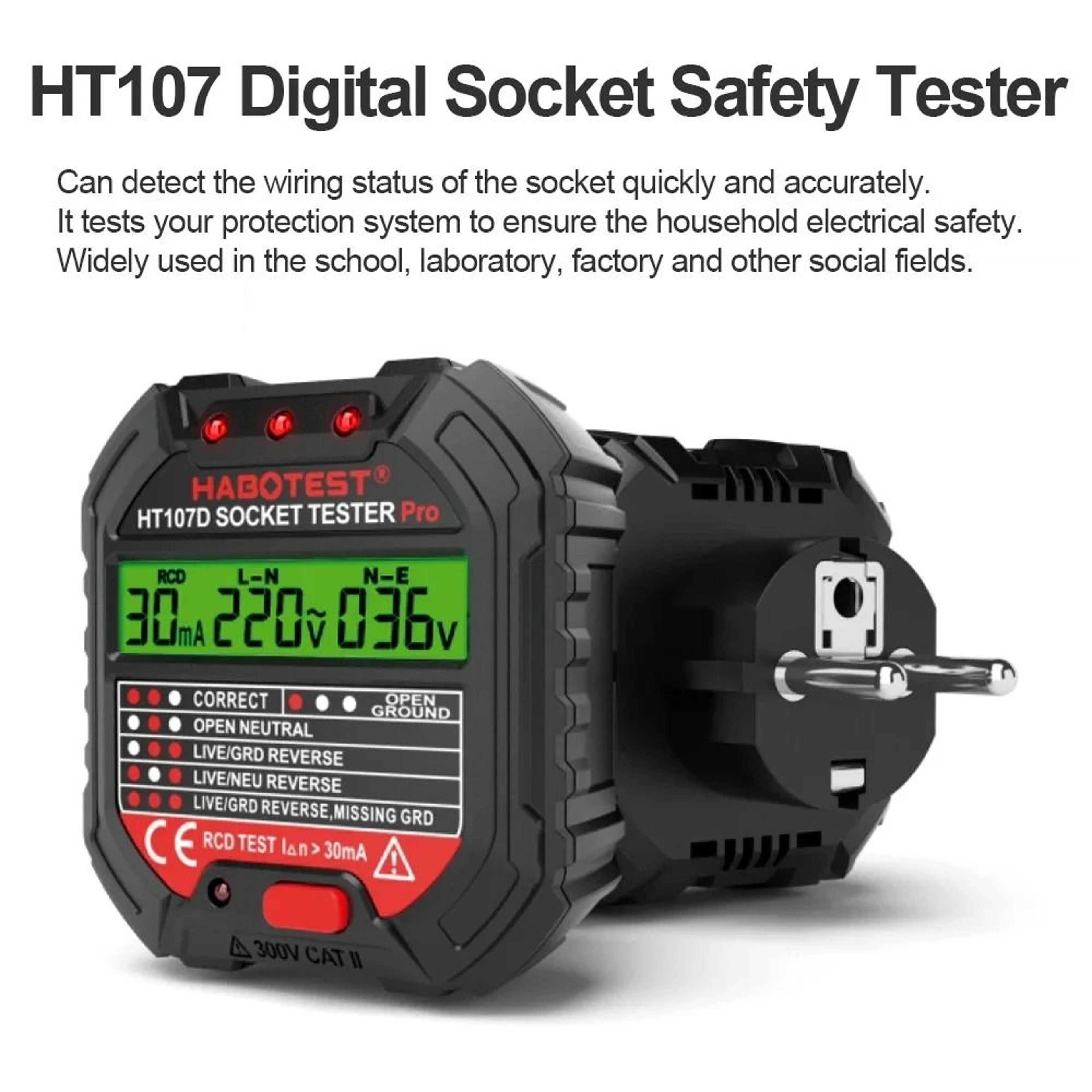 HT106 HT107 Digital Socket Tester With Voltage And RCD GFCI Check 0