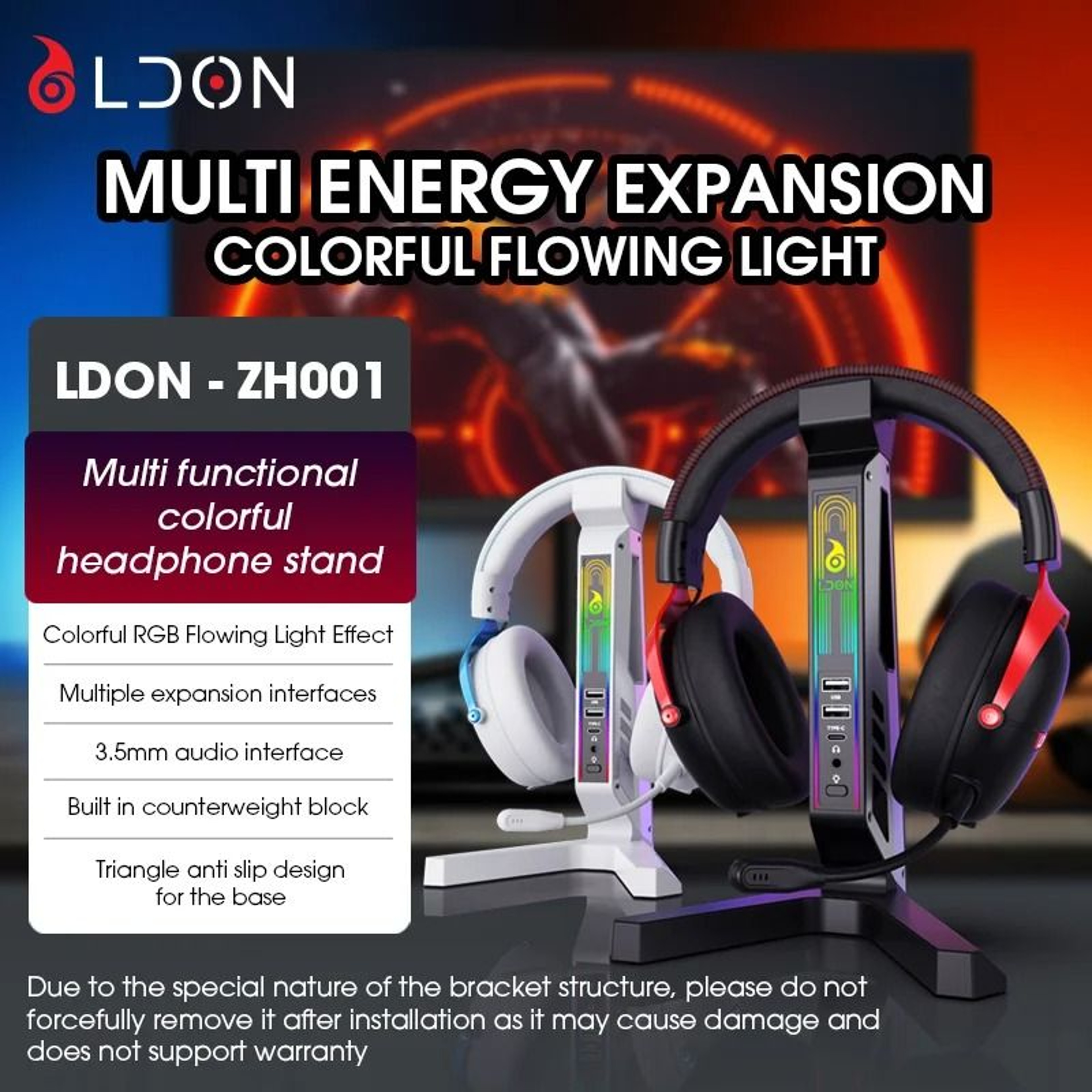 RGB Gaming Headset Stand With USB Hub And TypeC Ports 5