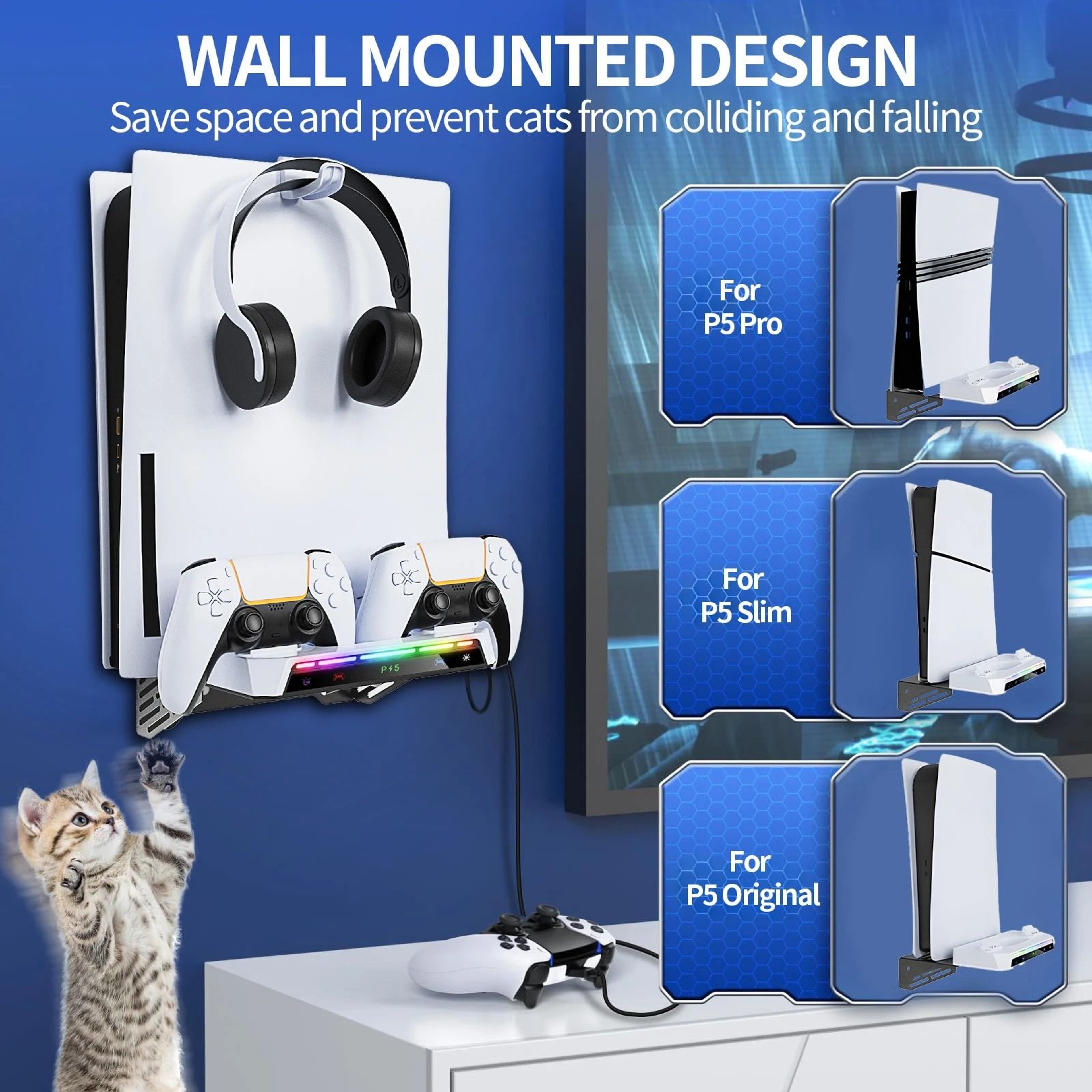 PS5 Wall Mount Kit With RGB Dual Controller Charging And Headset Hanger 6