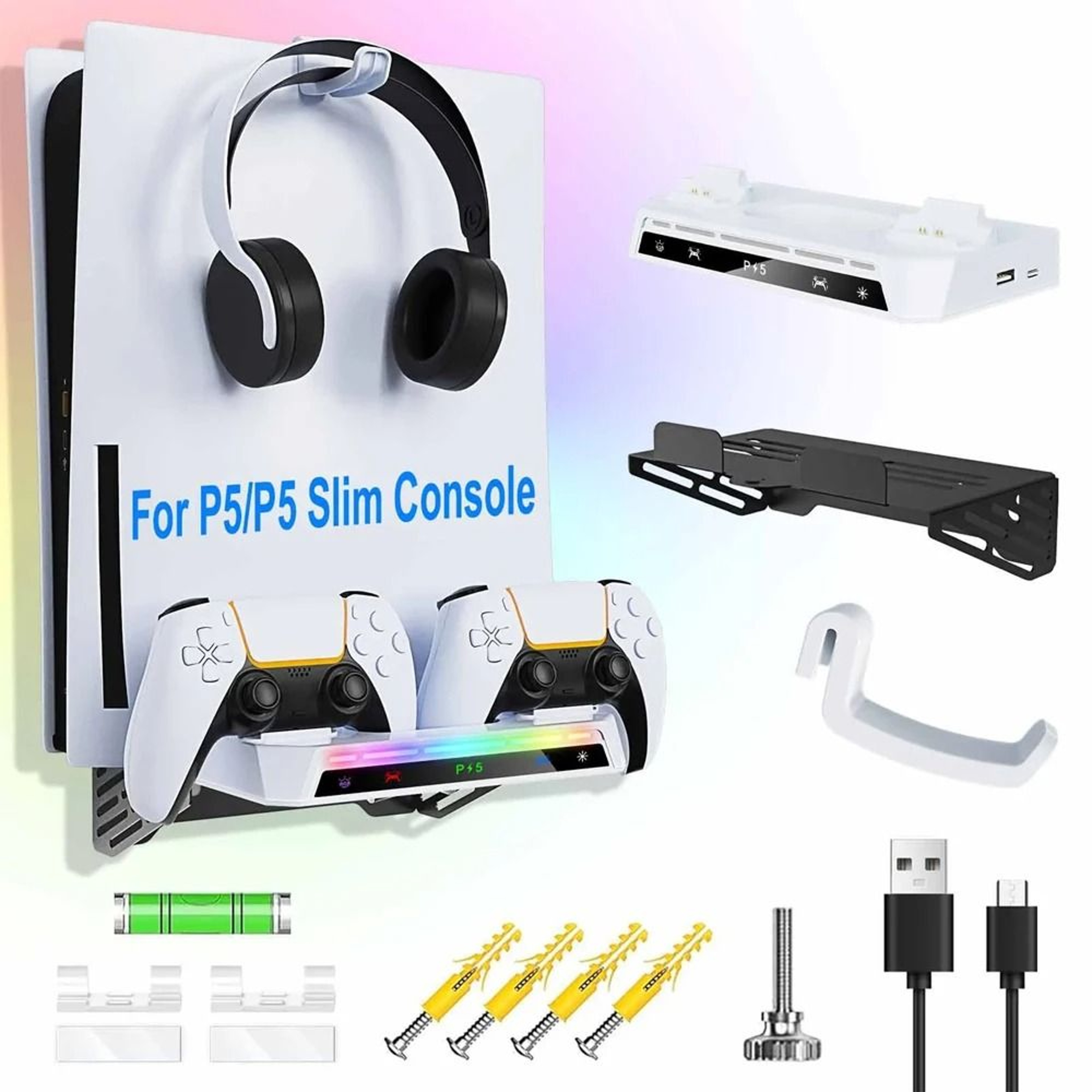 PS5 Wall Mount With RGB Dual Controller Charging Station And Headset Hanger 2