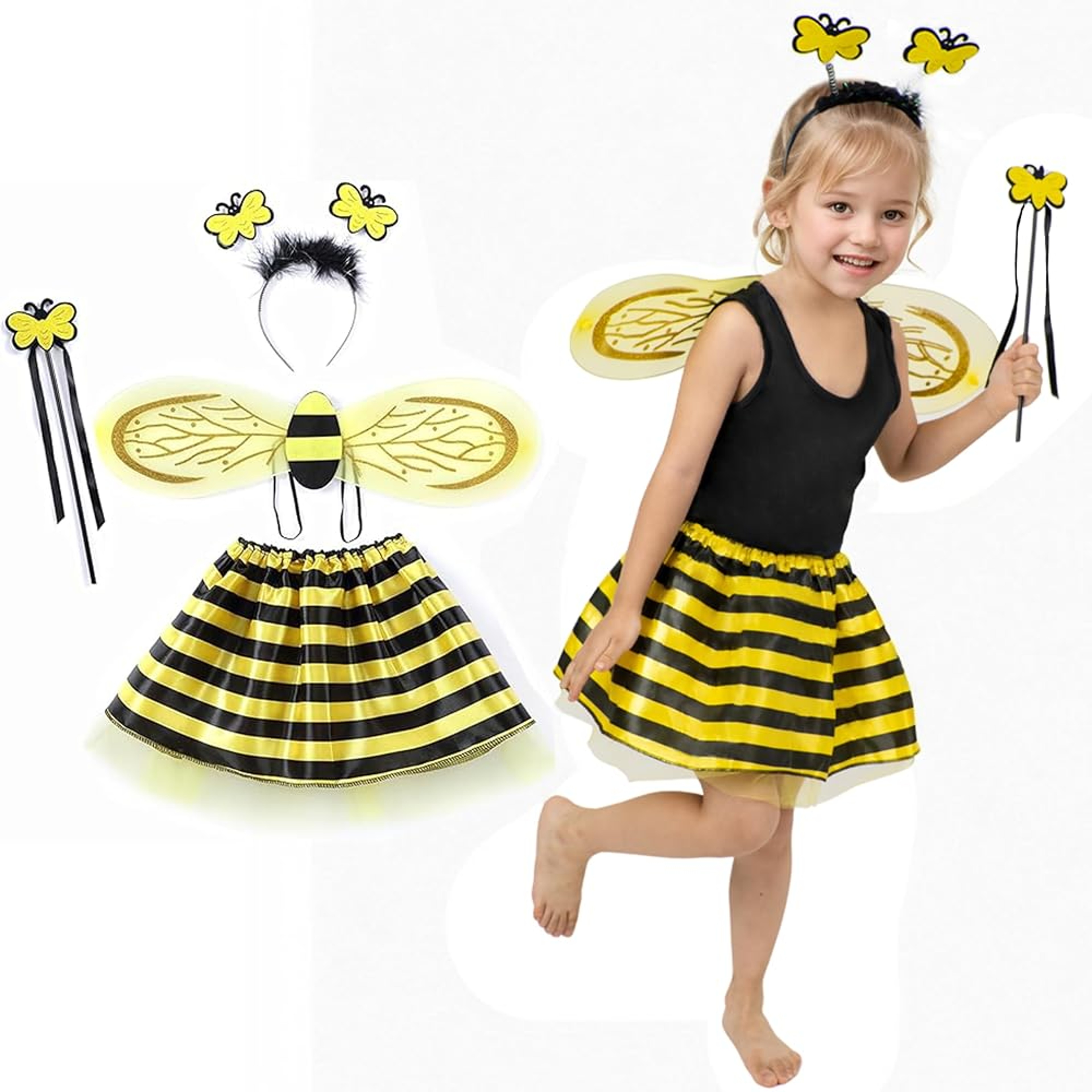 Kids Bee Costume Set Wings Tutu Skirt Headband And Wand For Parties And Performances 0