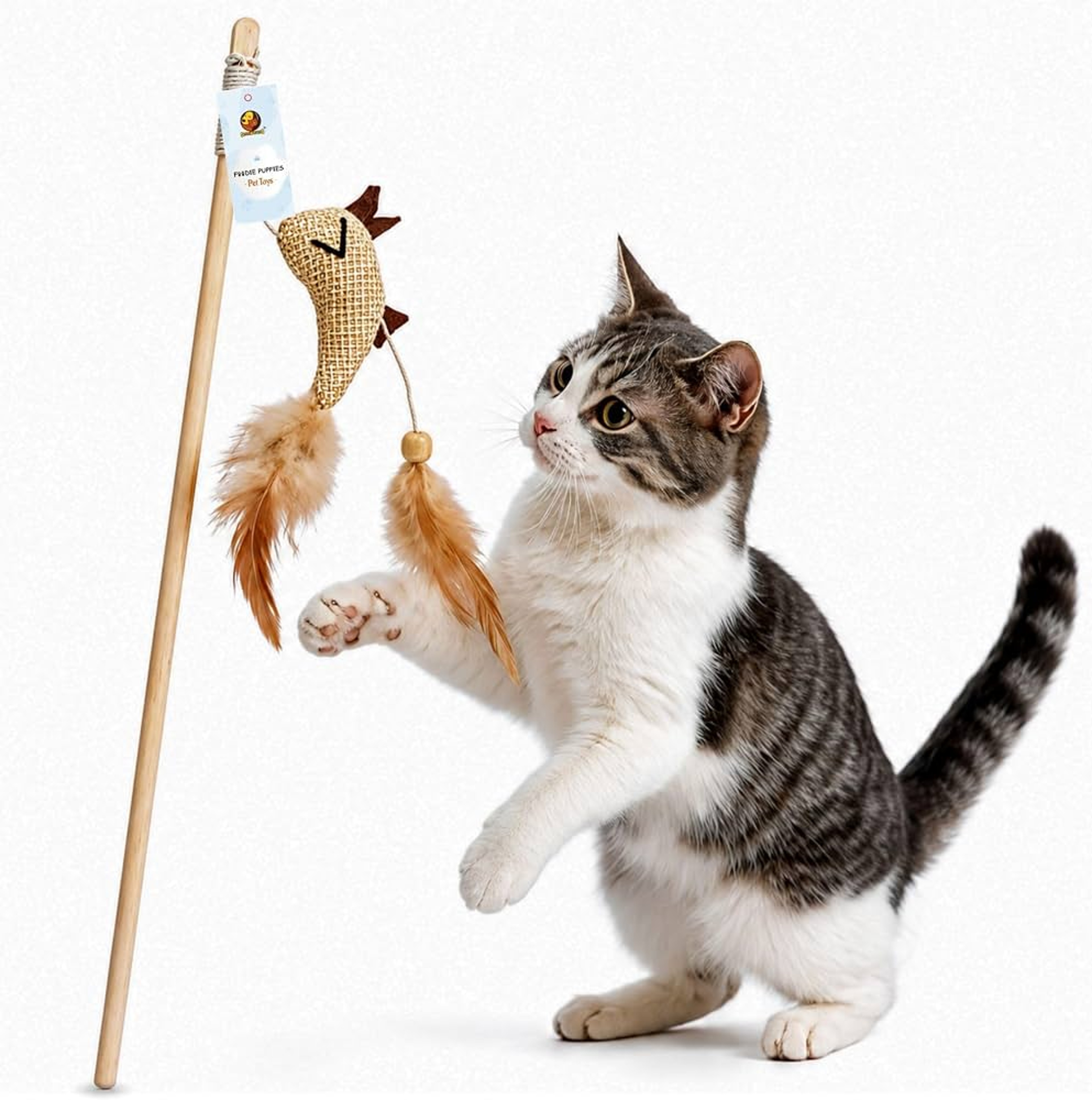 Wooden Cat Teaser Wand Mouse Feather And Bell Interactive Cat Toy 1