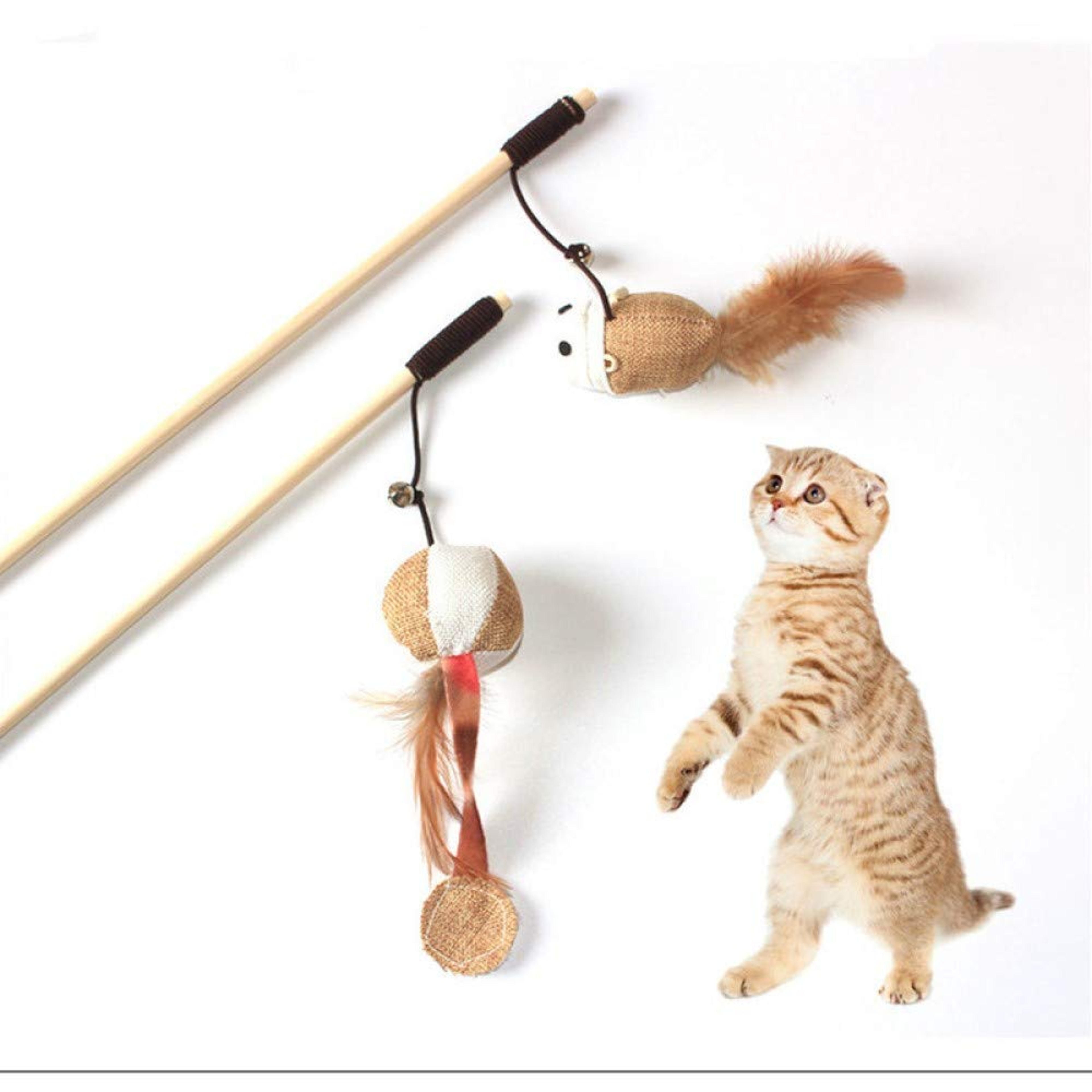 Wooden Cat Teaser Wand Mouse Feather And Bell Interactive Cat Toy 4
