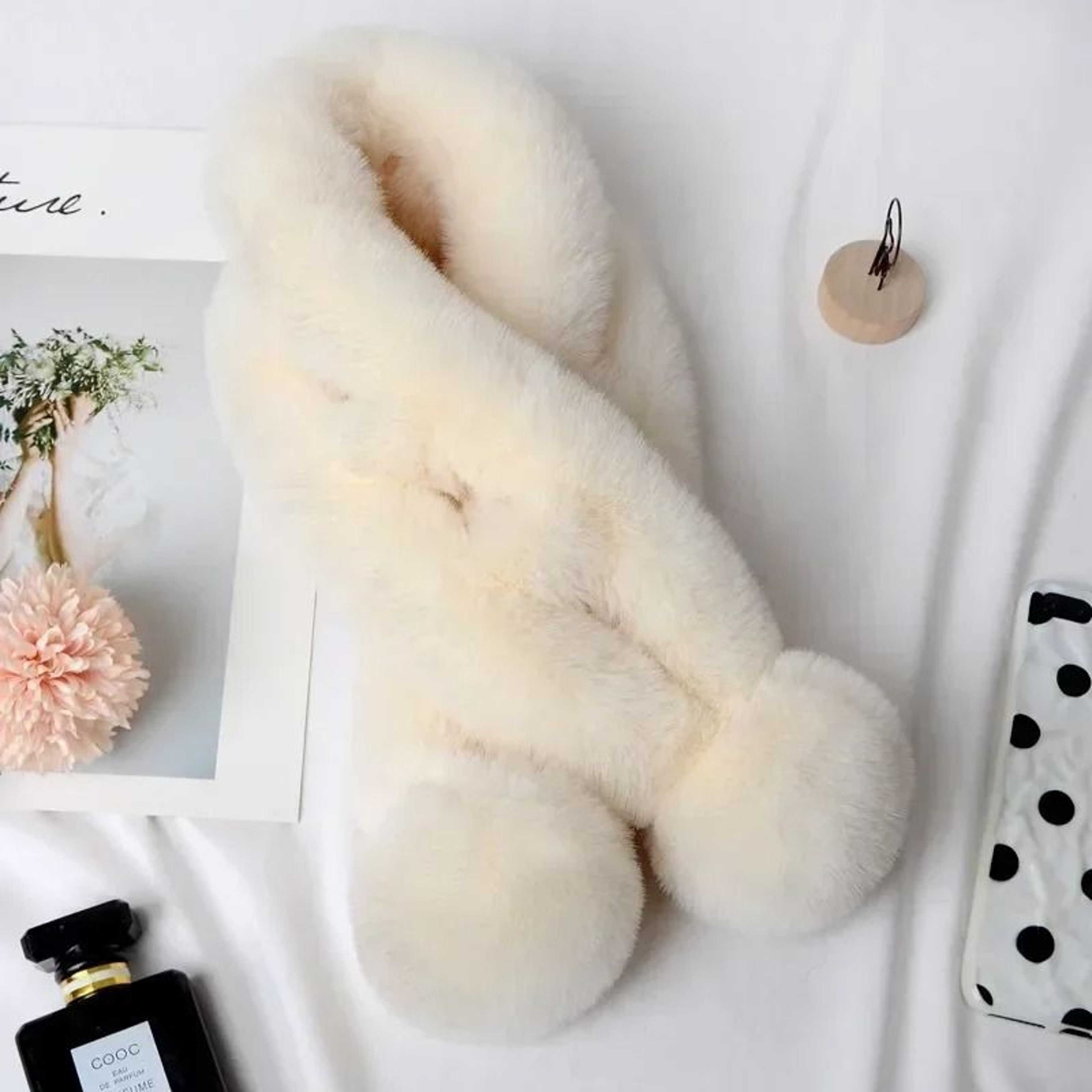 Womens Faux Rabbit Fur Cross Scarf Plush Winter Neck Warmer With Fur Ball Detail 5