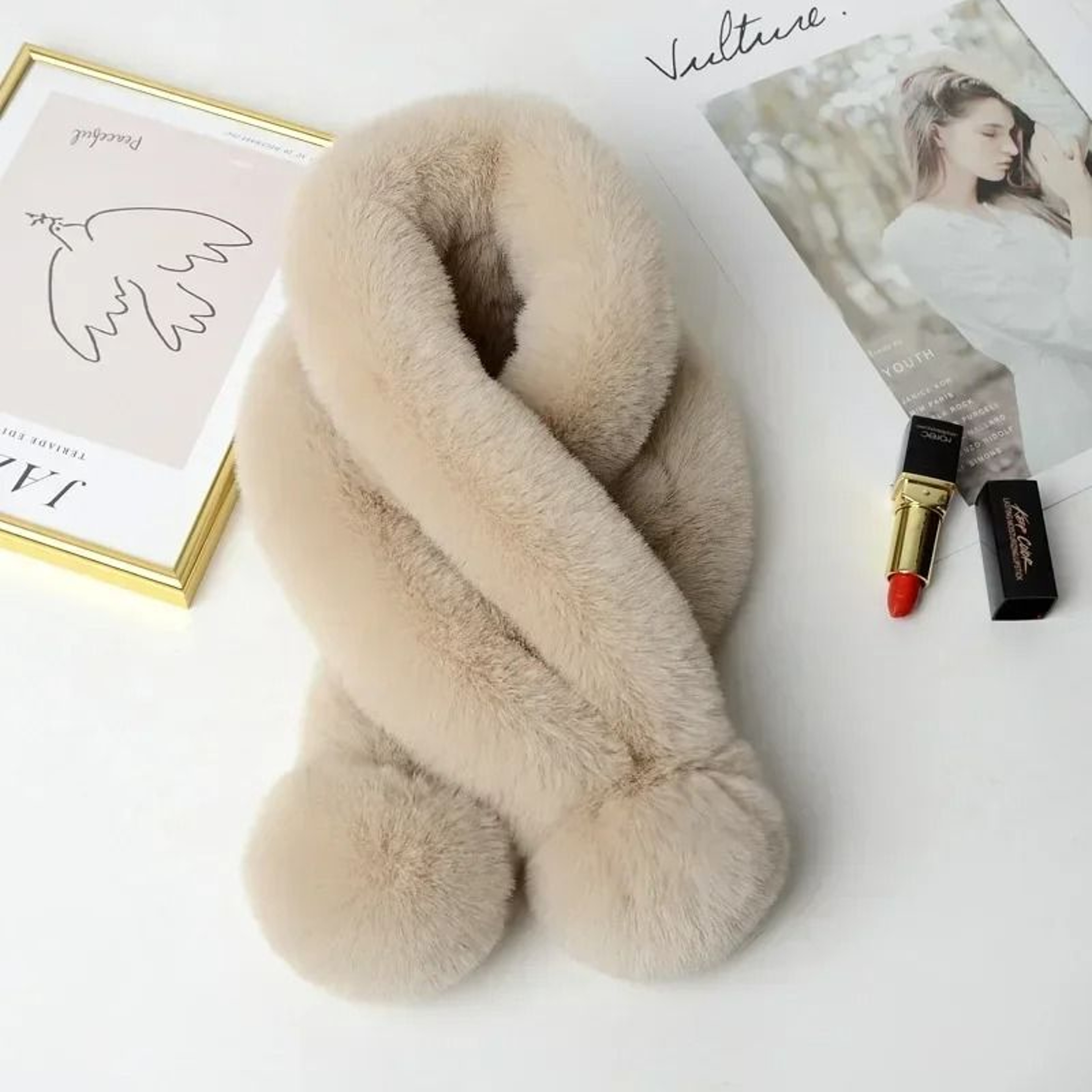 Womens Faux Rabbit Fur Cross Scarf Plush Winter Neck Warmer With Fur Ball Detail 1