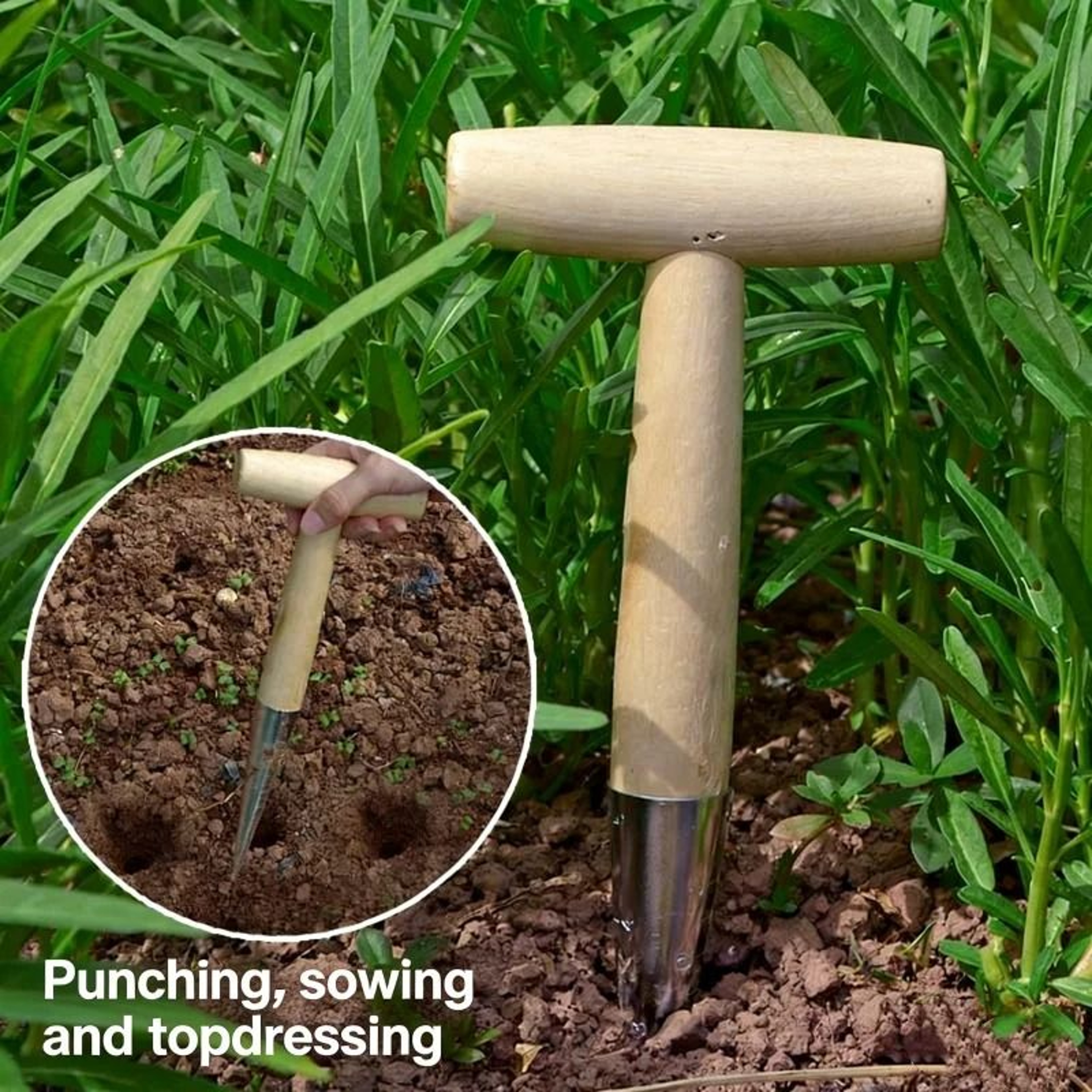 Wood Handle Garden Hole Puncher With Clear Depth Scale 6