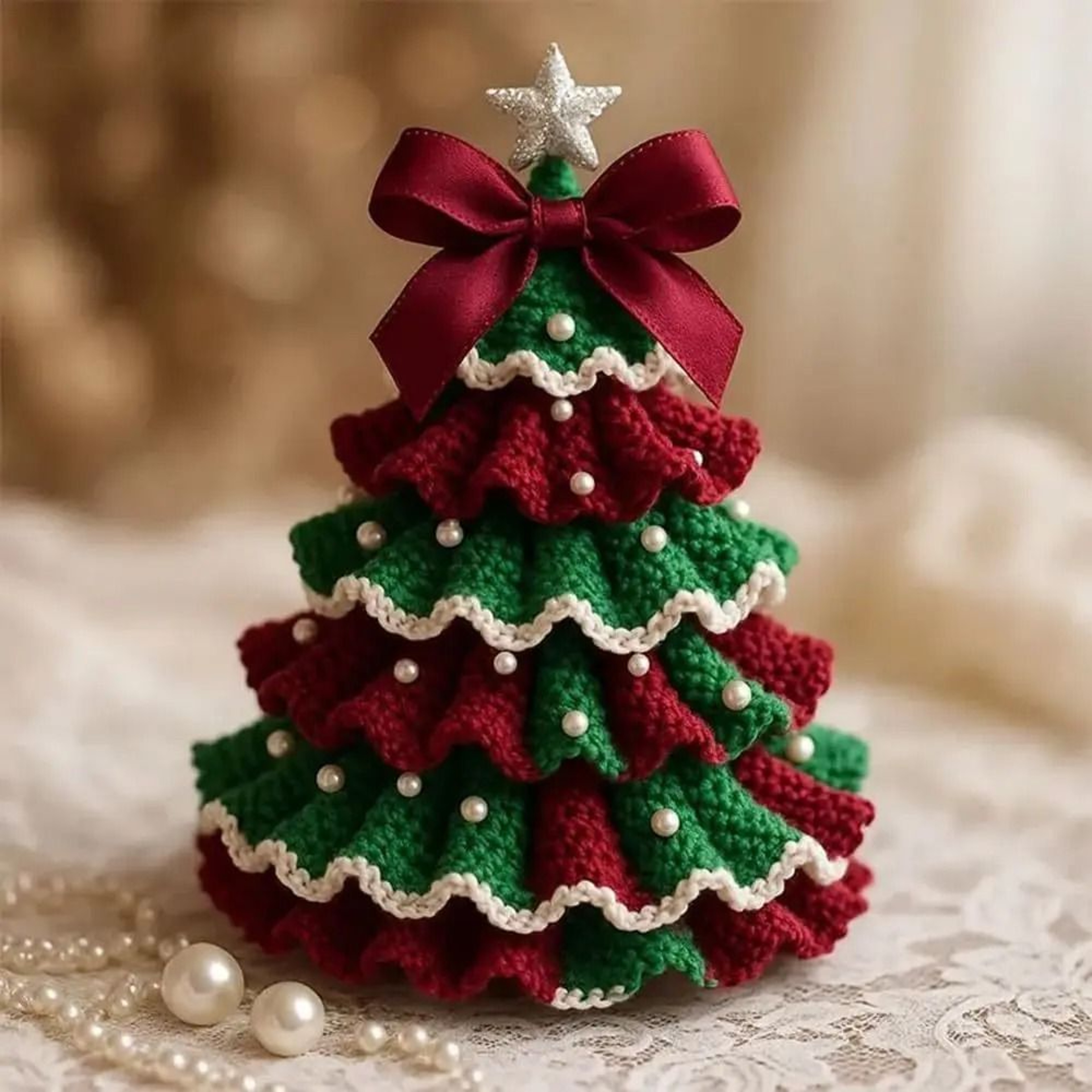 DIY Crochet Christmas Tree Kit With Bow And Pearl Decorations 6