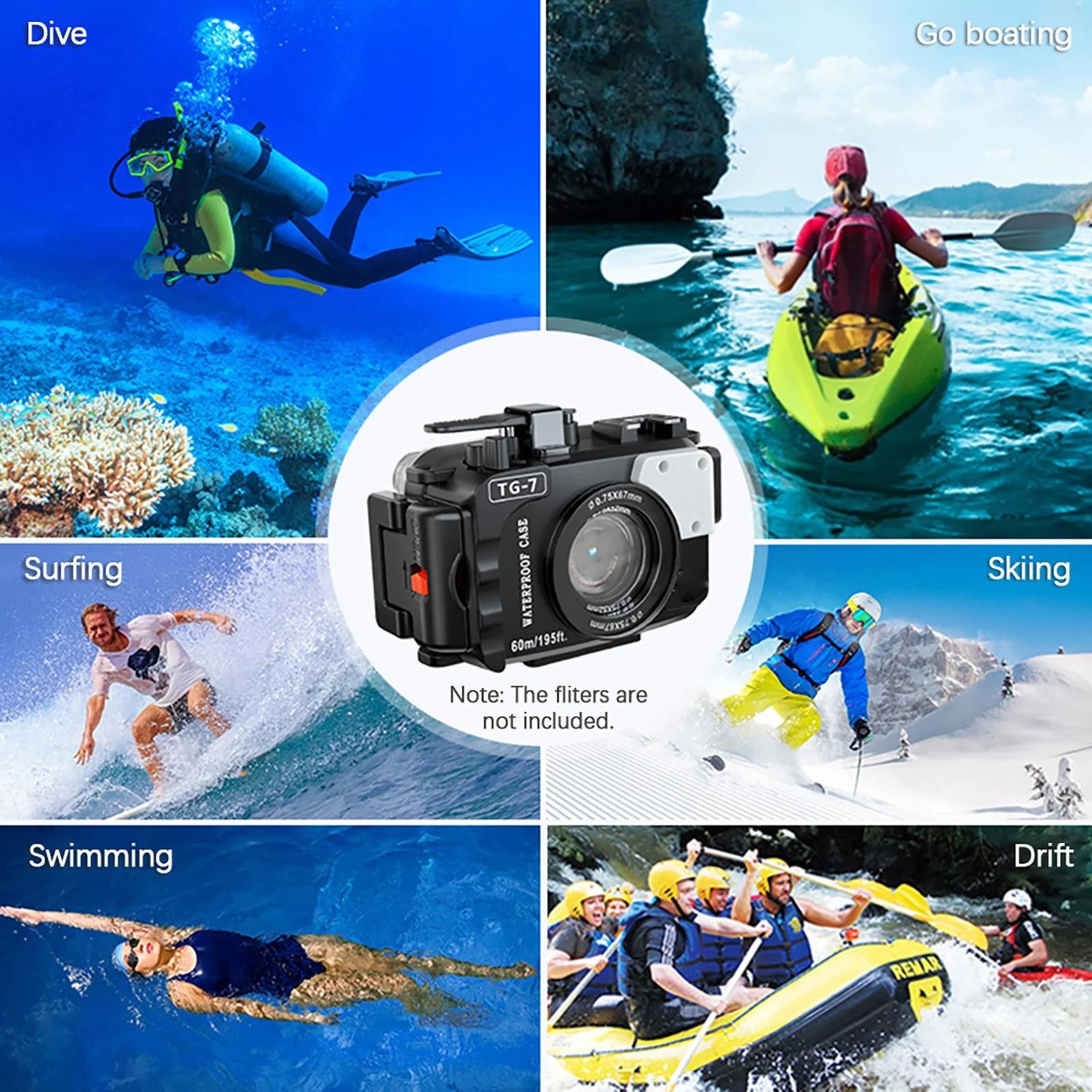 TG7 Waterproof Camera Housing 60M Diving Case With 52mm 67mm Lens Adapter 7