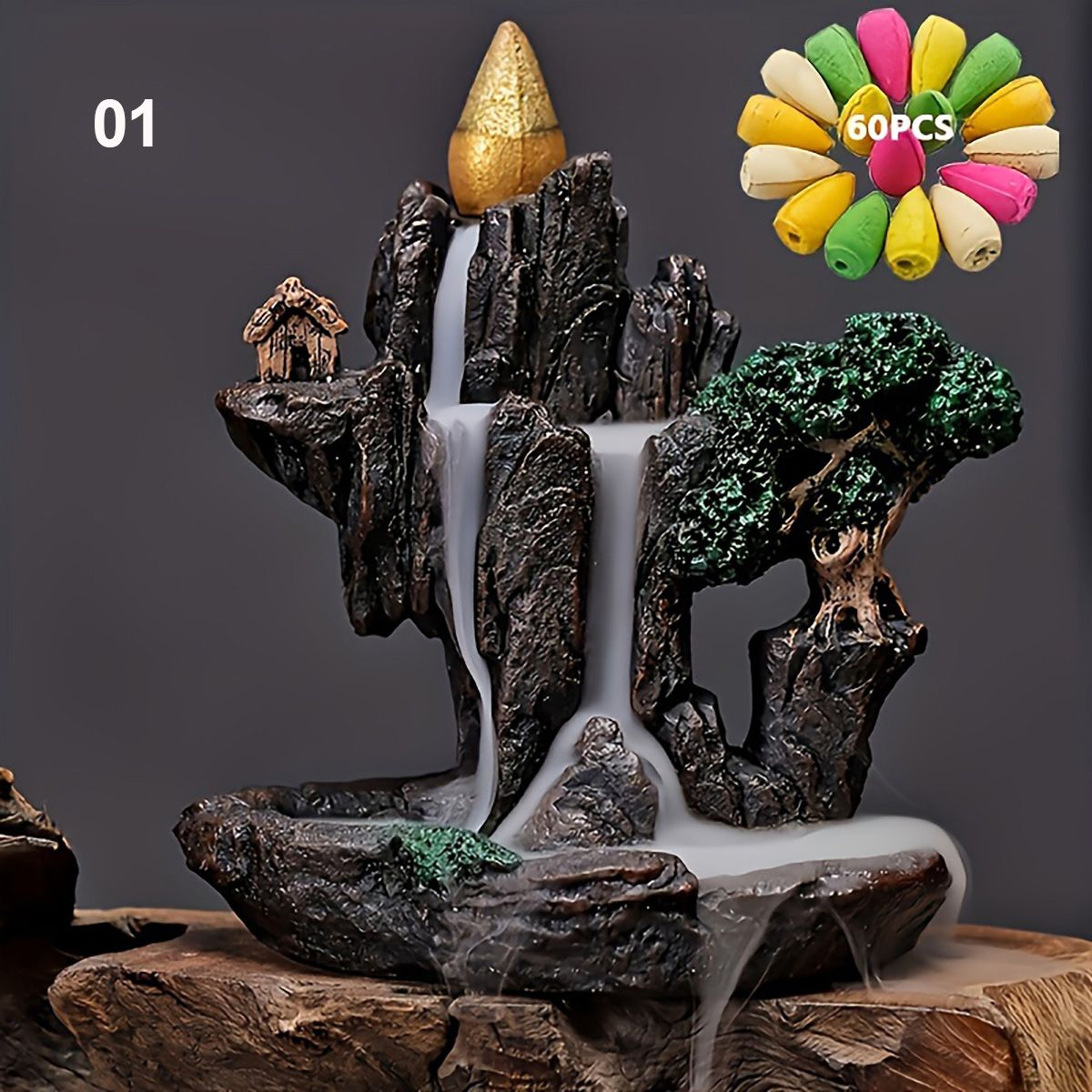 Mountain Waterfall Backflow Incense Burner With 60 Incense Cones 1