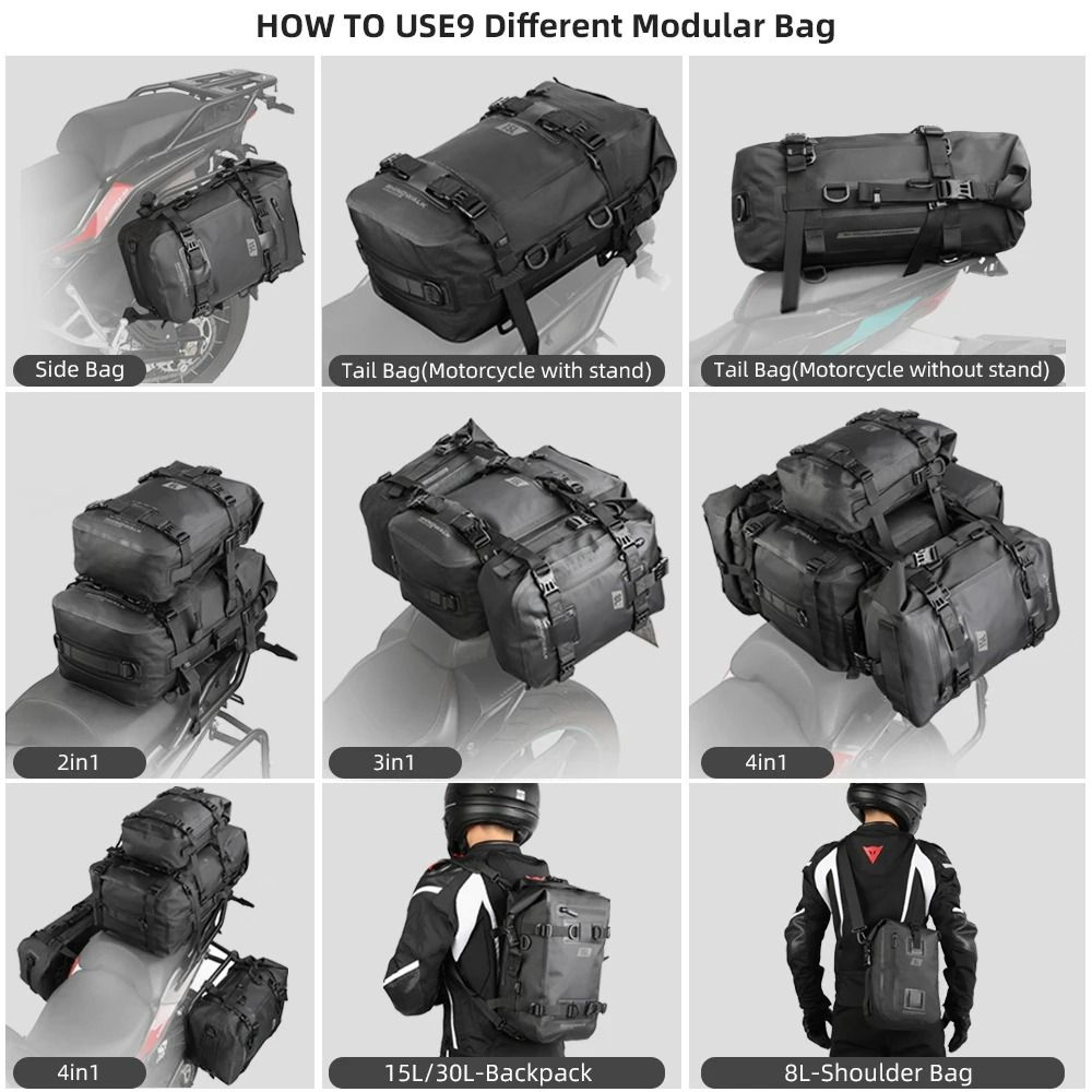 Waterproof Motorcycle Tail Bag 8L 15L 30L Modular Rear Seat Storage 9