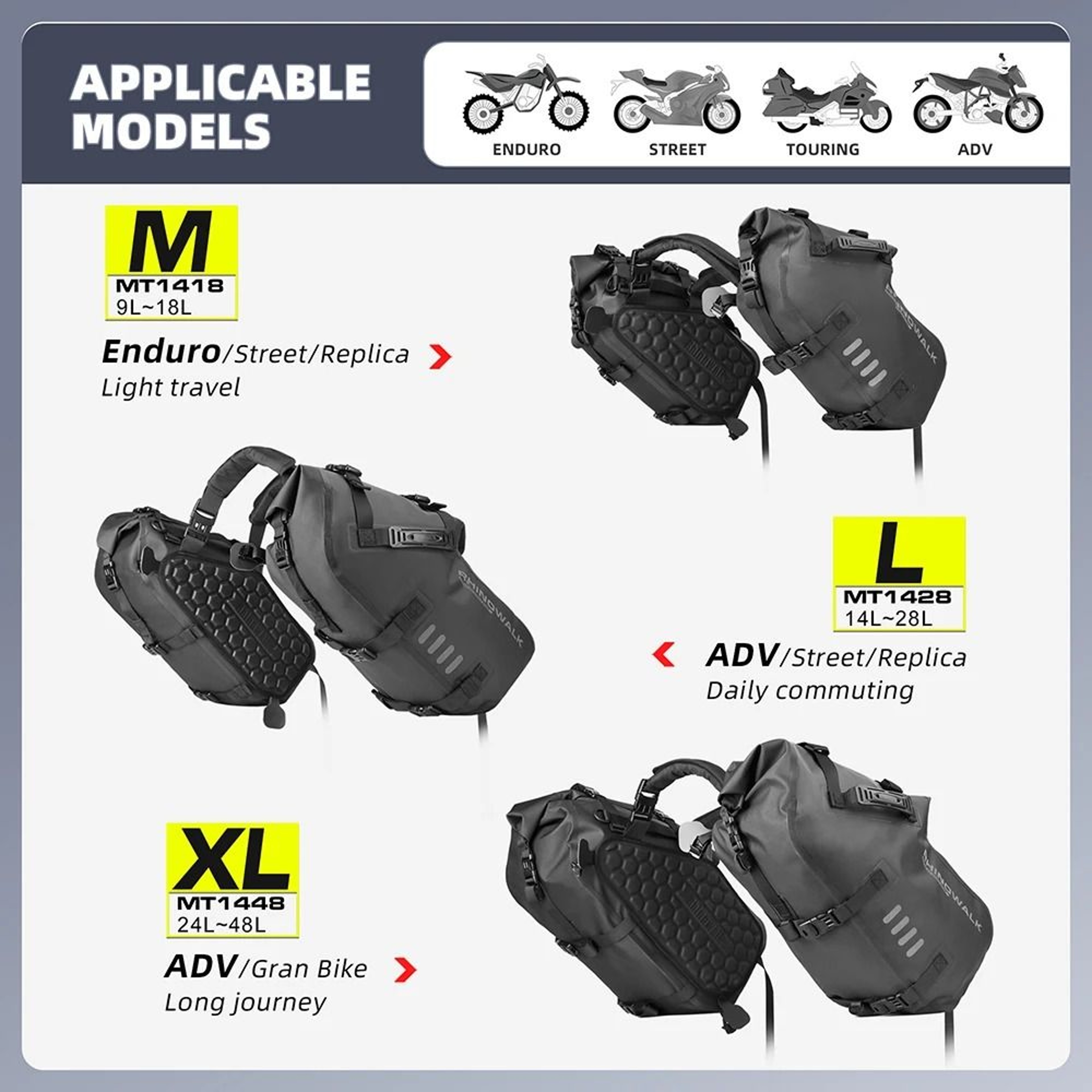 18L48L Waterproof Motorcycle Saddlebags Rackless Pannier Pair 6
