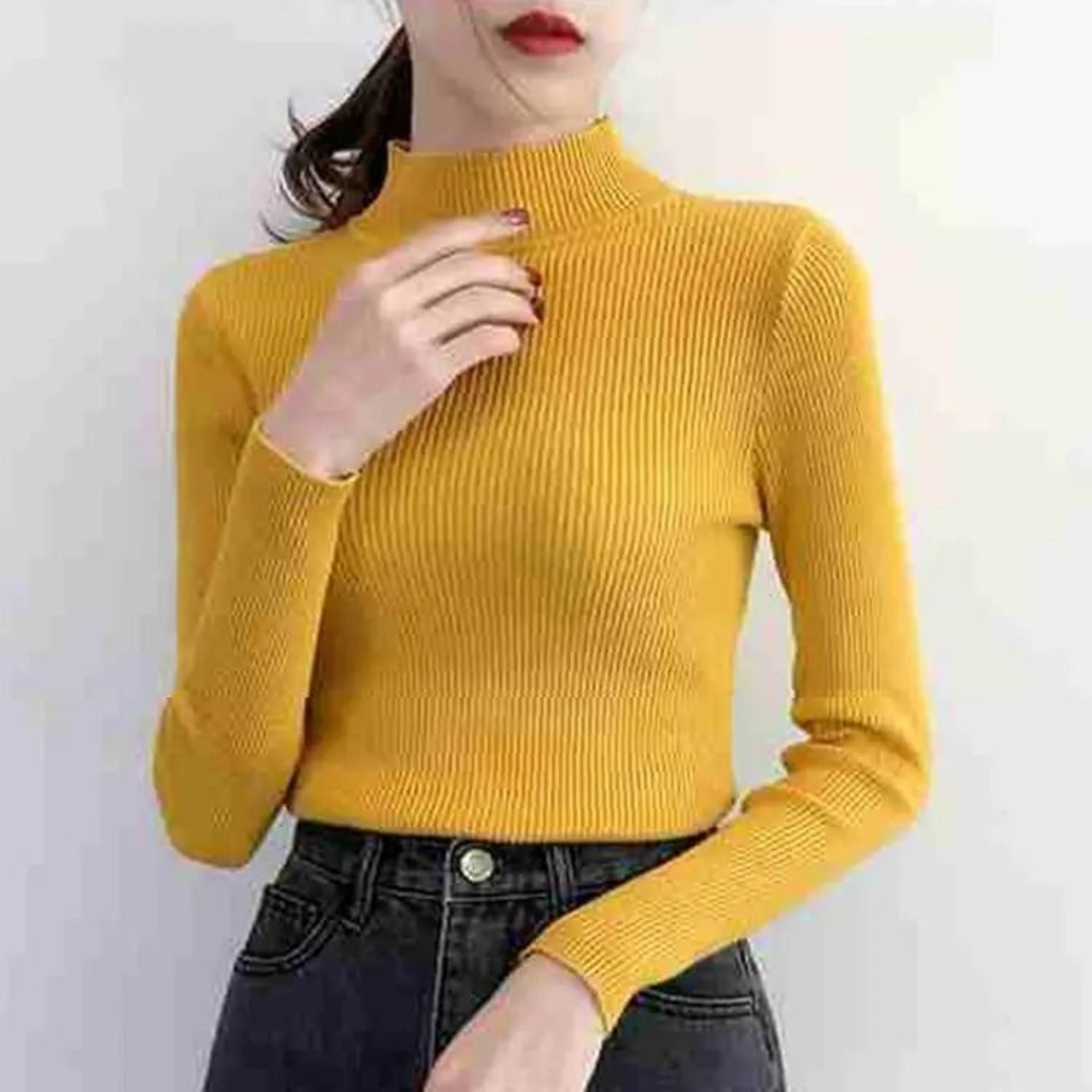 Womens Mock Neck Knit Sweater Slim Solid Pullover For Autumn And Winter 11