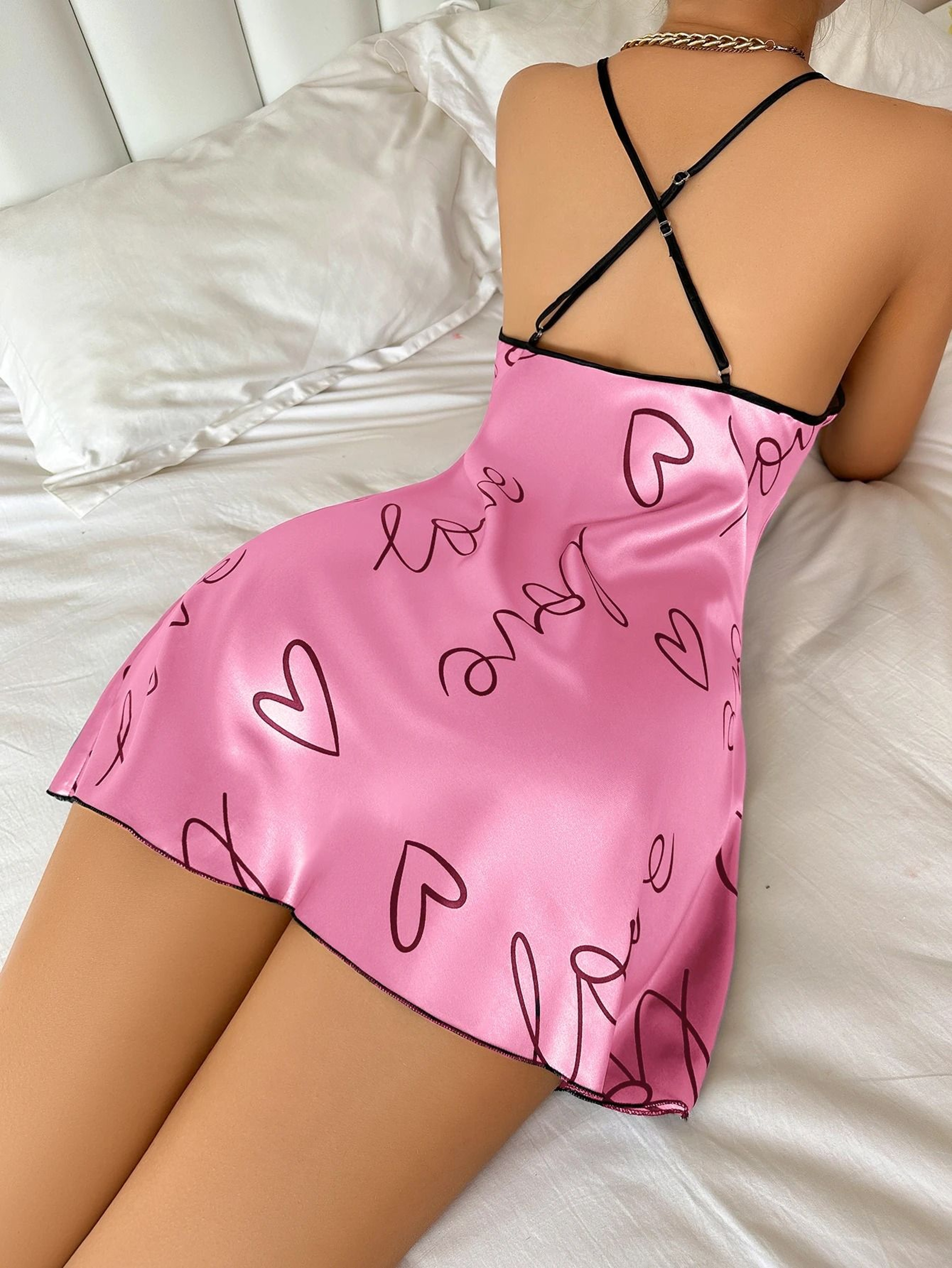 Womens Heart Print Nightdress Spaghetti Strap Sleep Dress 0