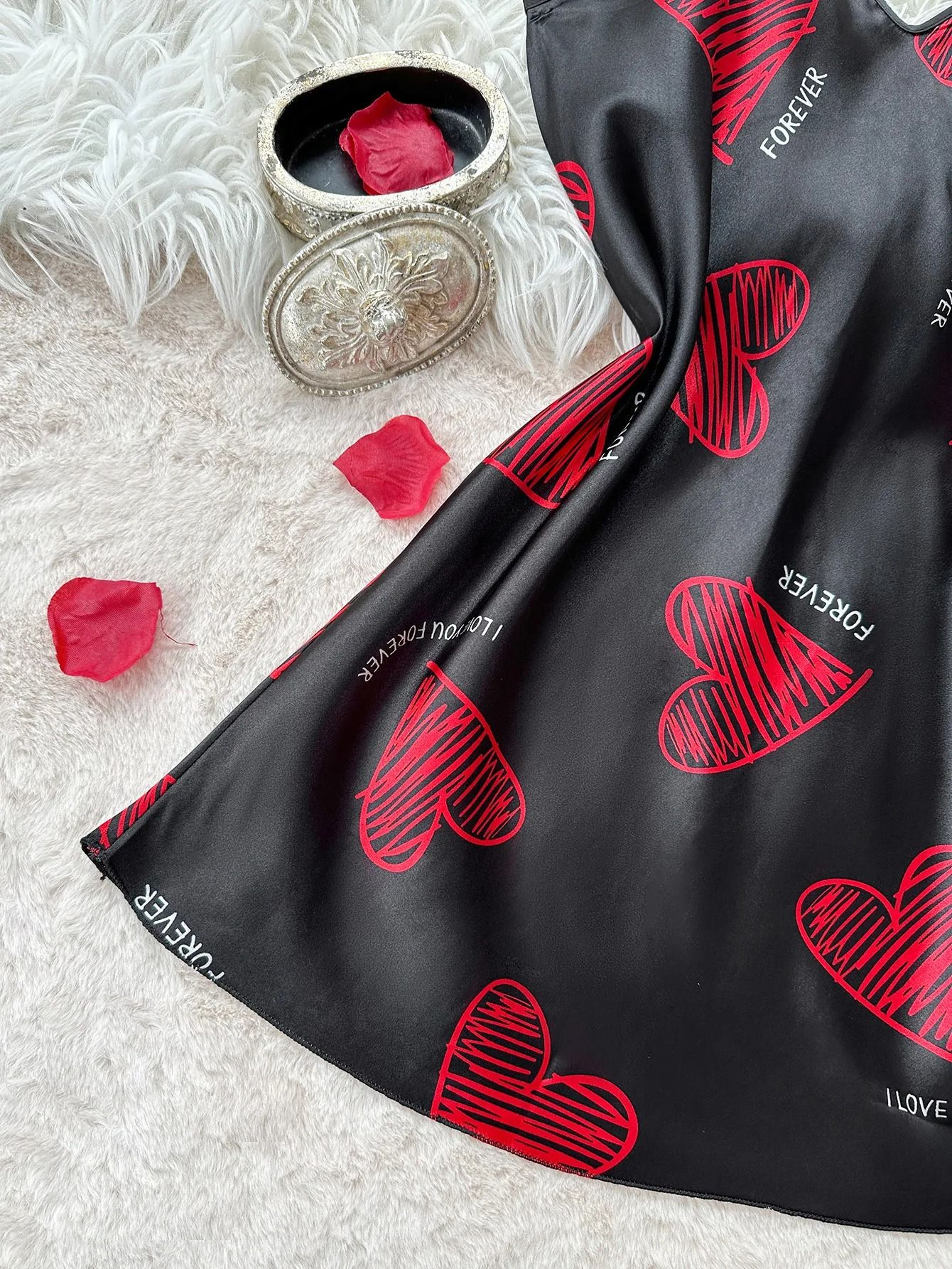 Womens Satin Slip Nightdress Red Lip Print Backless Mini Sleepwear 6