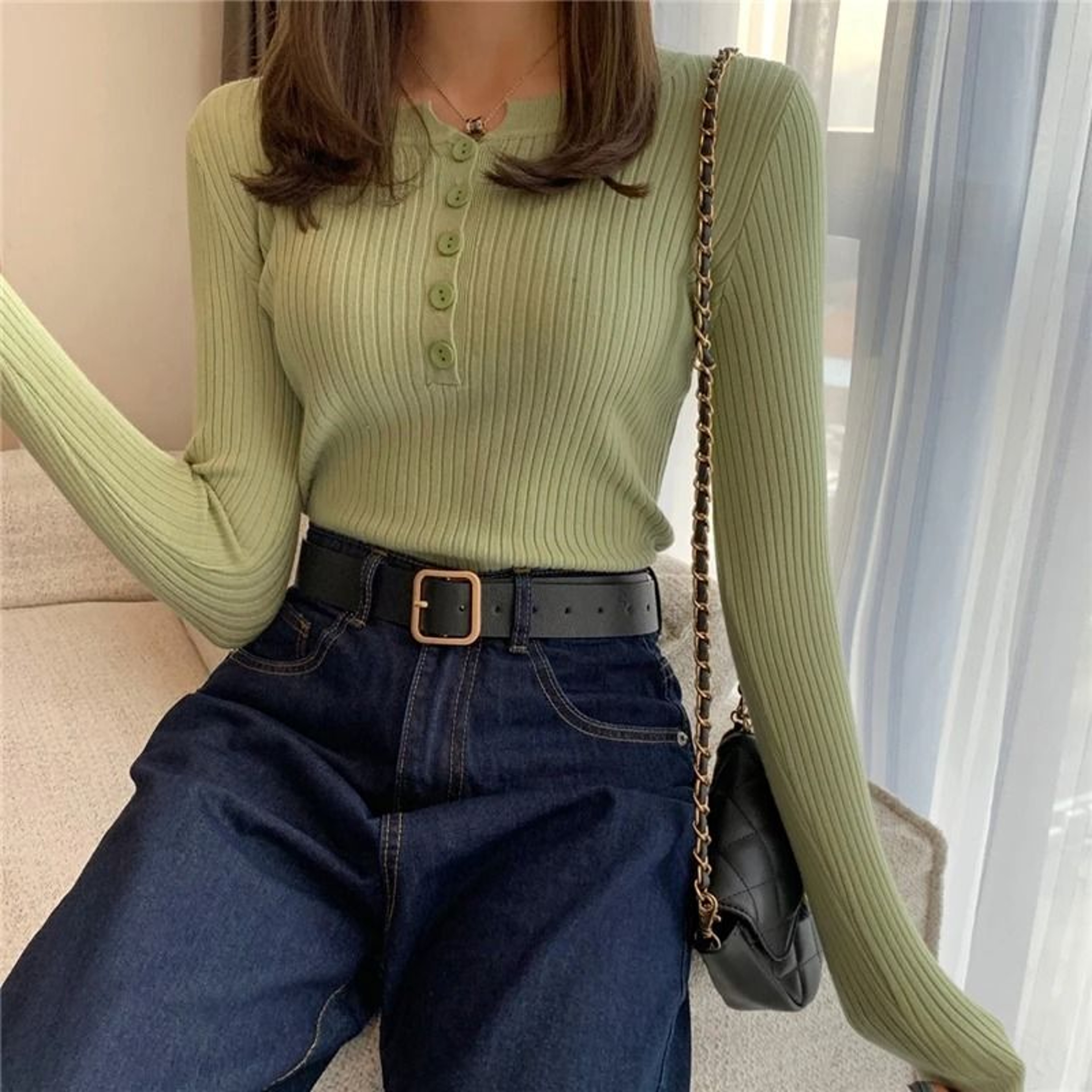 Womens ONeck Knitted Sweater Slim Button Detail Stripe Pullover 5