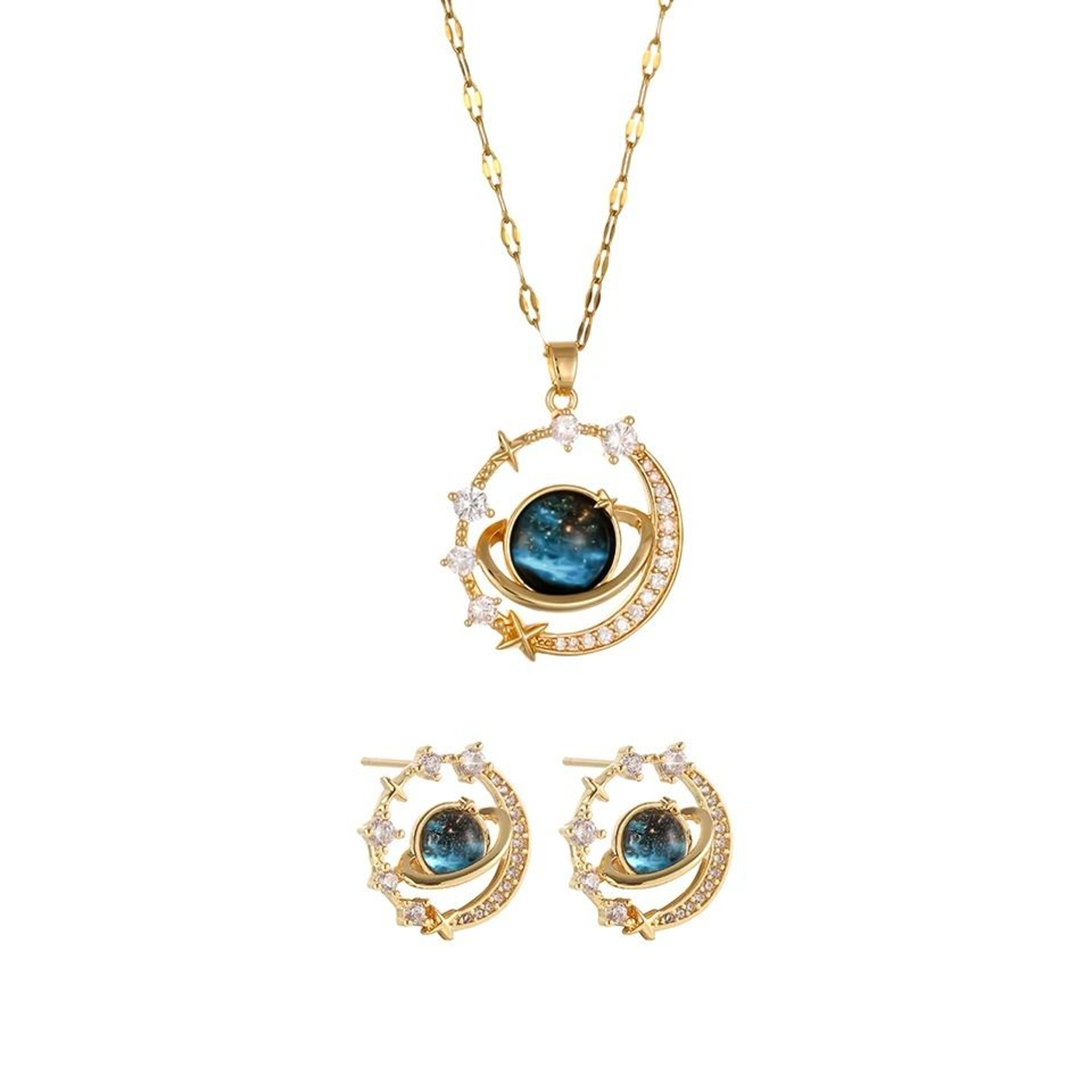 Womens Planet Jewelry Set Titanium Steel Necklace And Stud Earrings 3