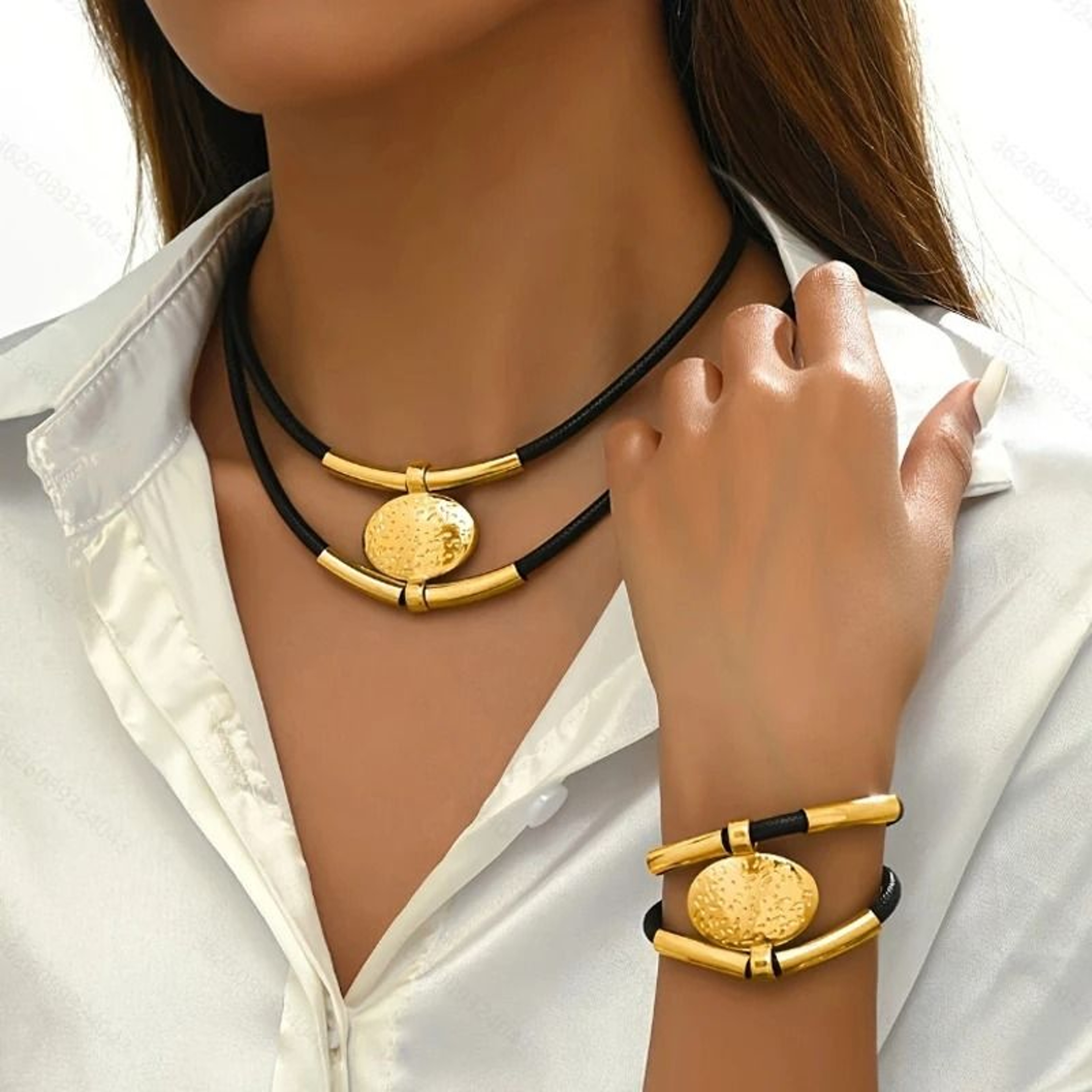 Womens Vintage Necklace Bracelet Set Oval Metal DoubleLayer Jewelry 6