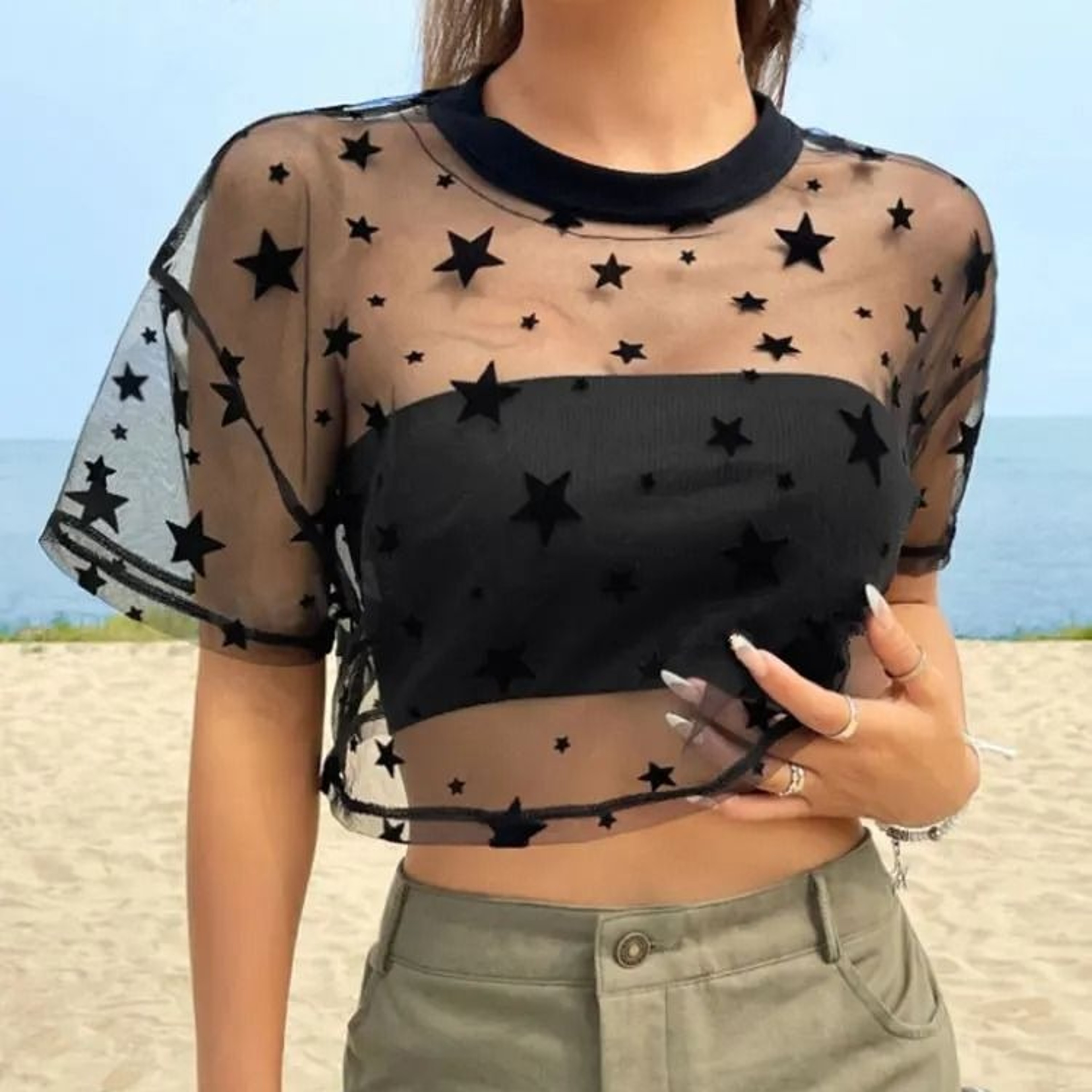 Womens Star Print Mesh Crop Top Sheer Drop Shoulder Summer Tee 3jpg