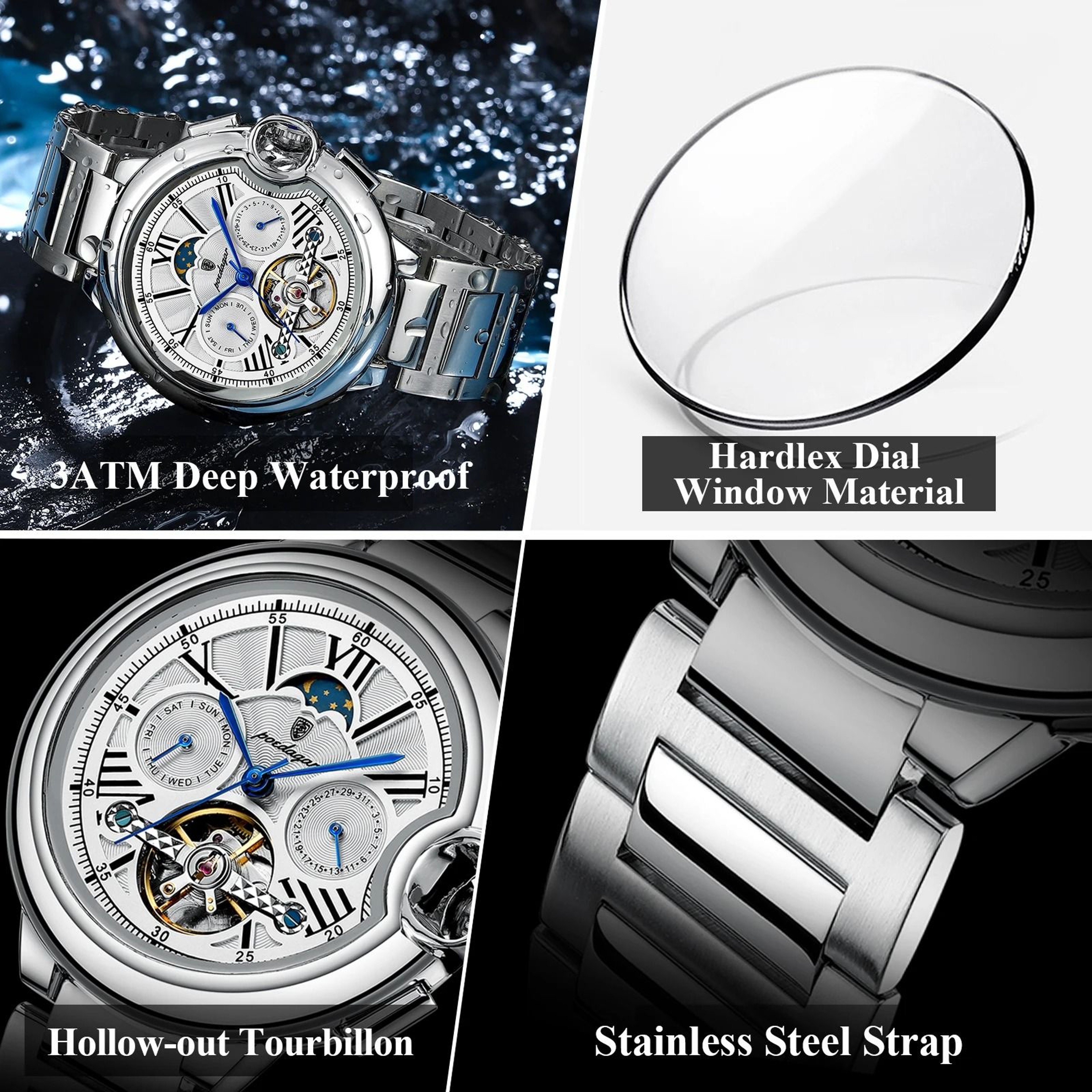 Mens Automatic Mechanical Watch Hollow Dial Date Week Stainless Steel Wristwatch 9