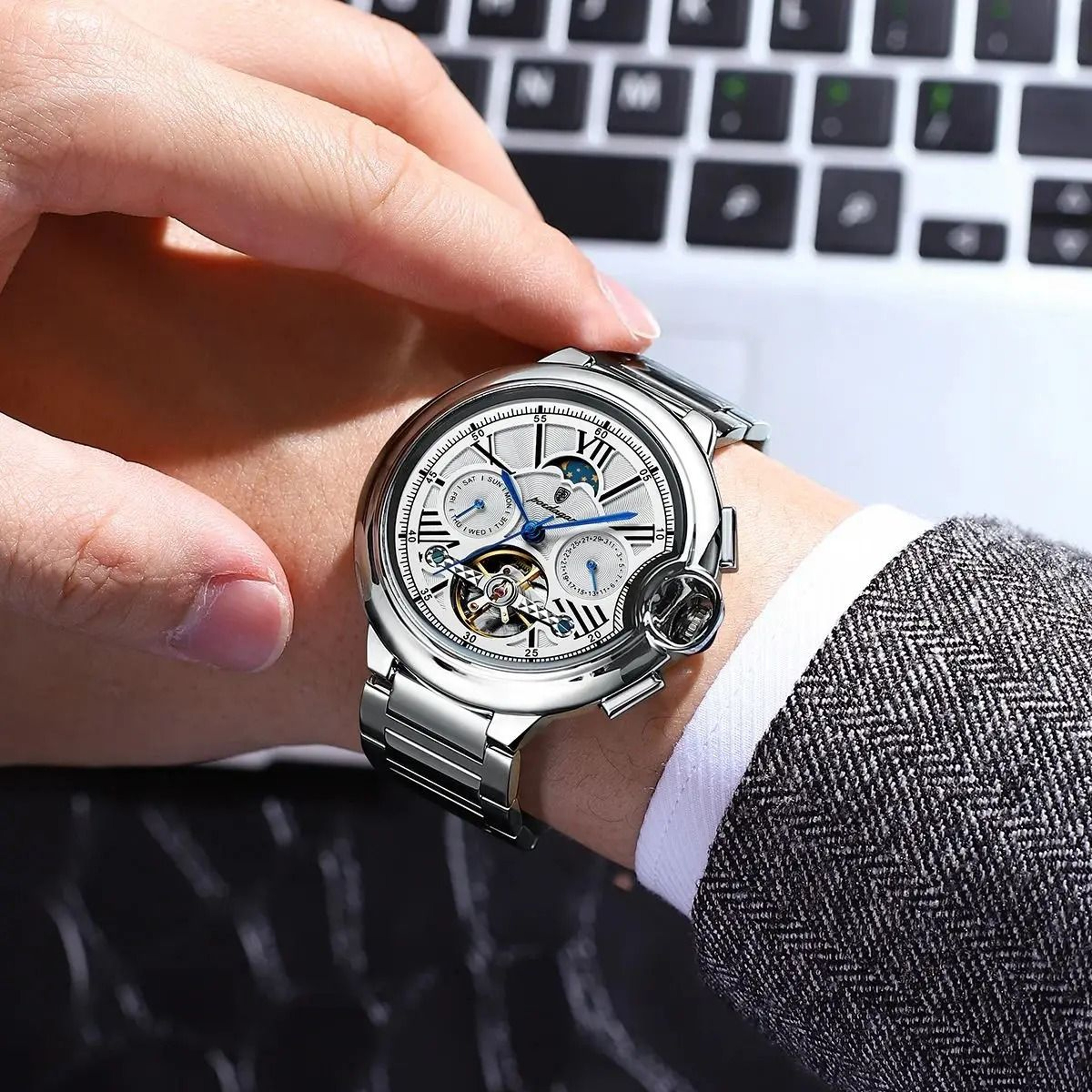 Mens Automatic Mechanical Watch Hollow Dial Date Week Stainless Steel Wristwatch 10