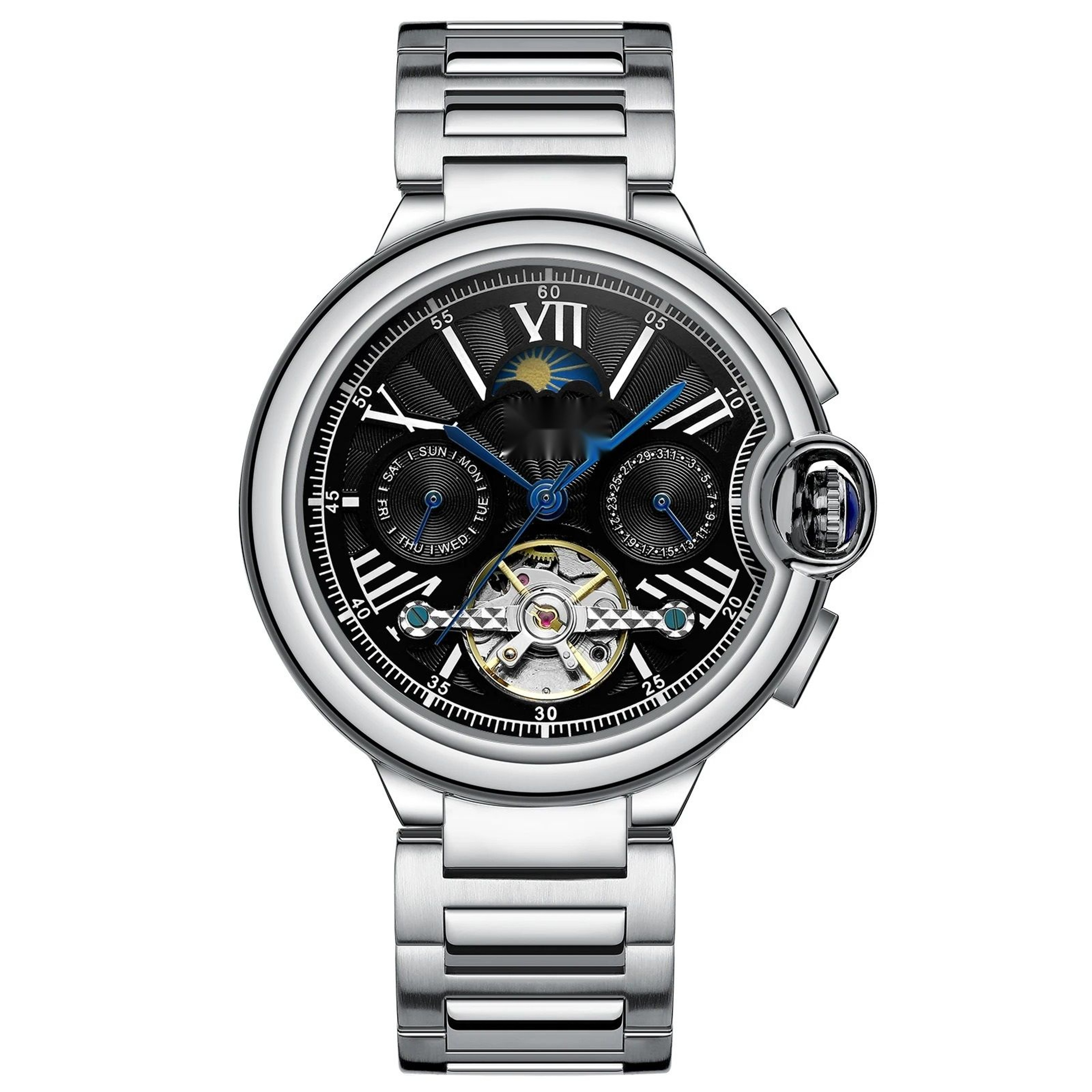 Mens Automatic Mechanical Watch Hollow Dial Date Week Stainless Steel Wristwatch 3