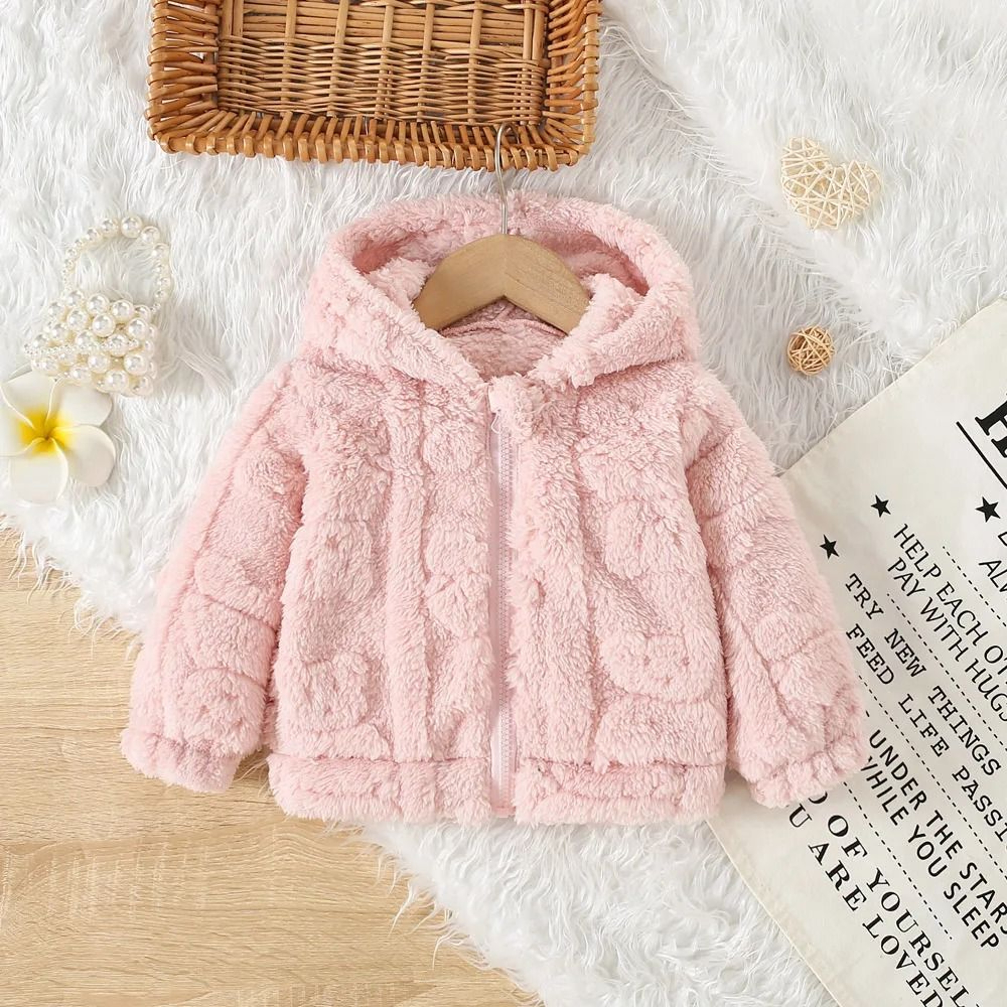 Baby Girl Pink Fleece Hooded Jacket Heart Pattern Warm Winter Coat 0