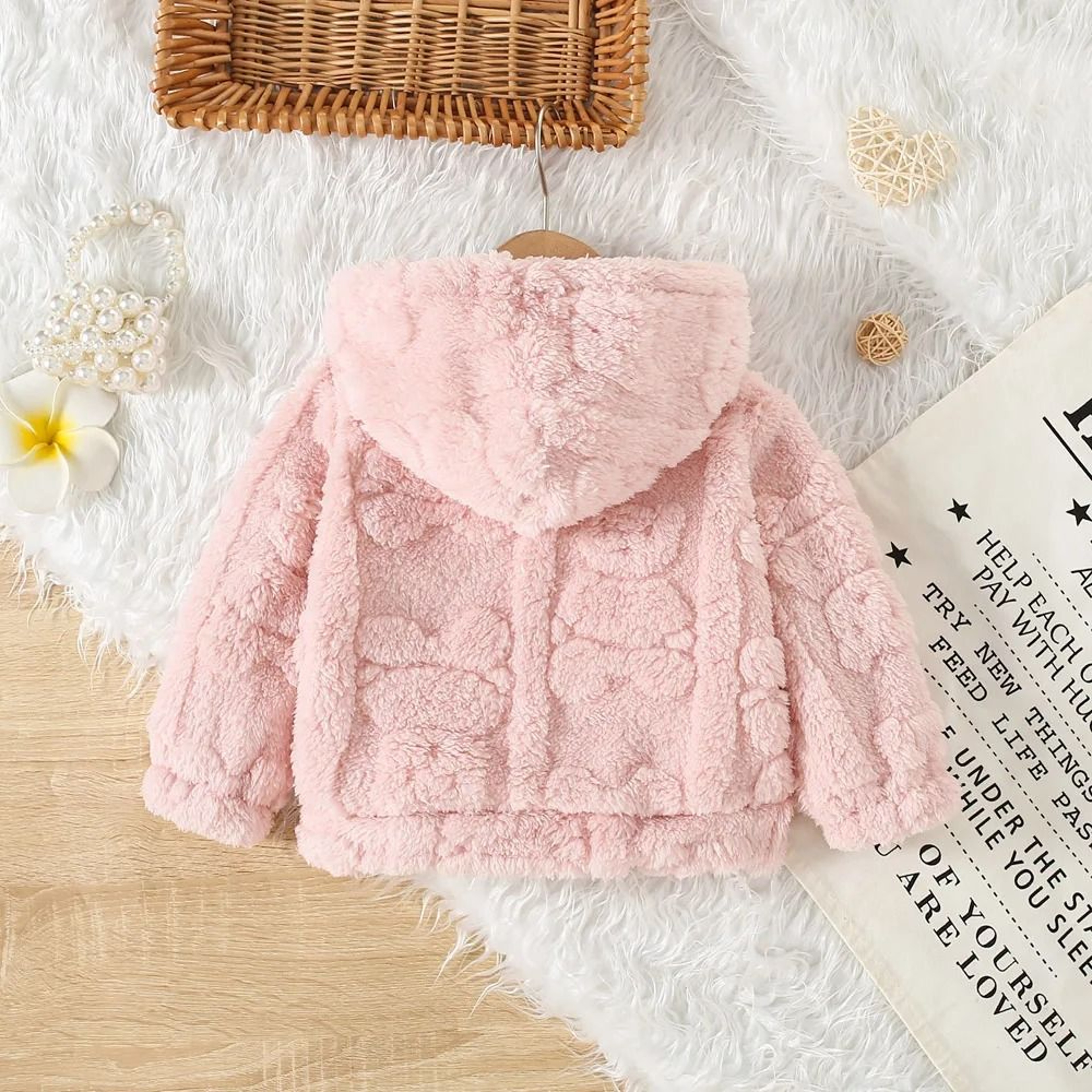 Baby Girl Pink Fleece Hooded Jacket Heart Pattern Warm Winter Coat 5
