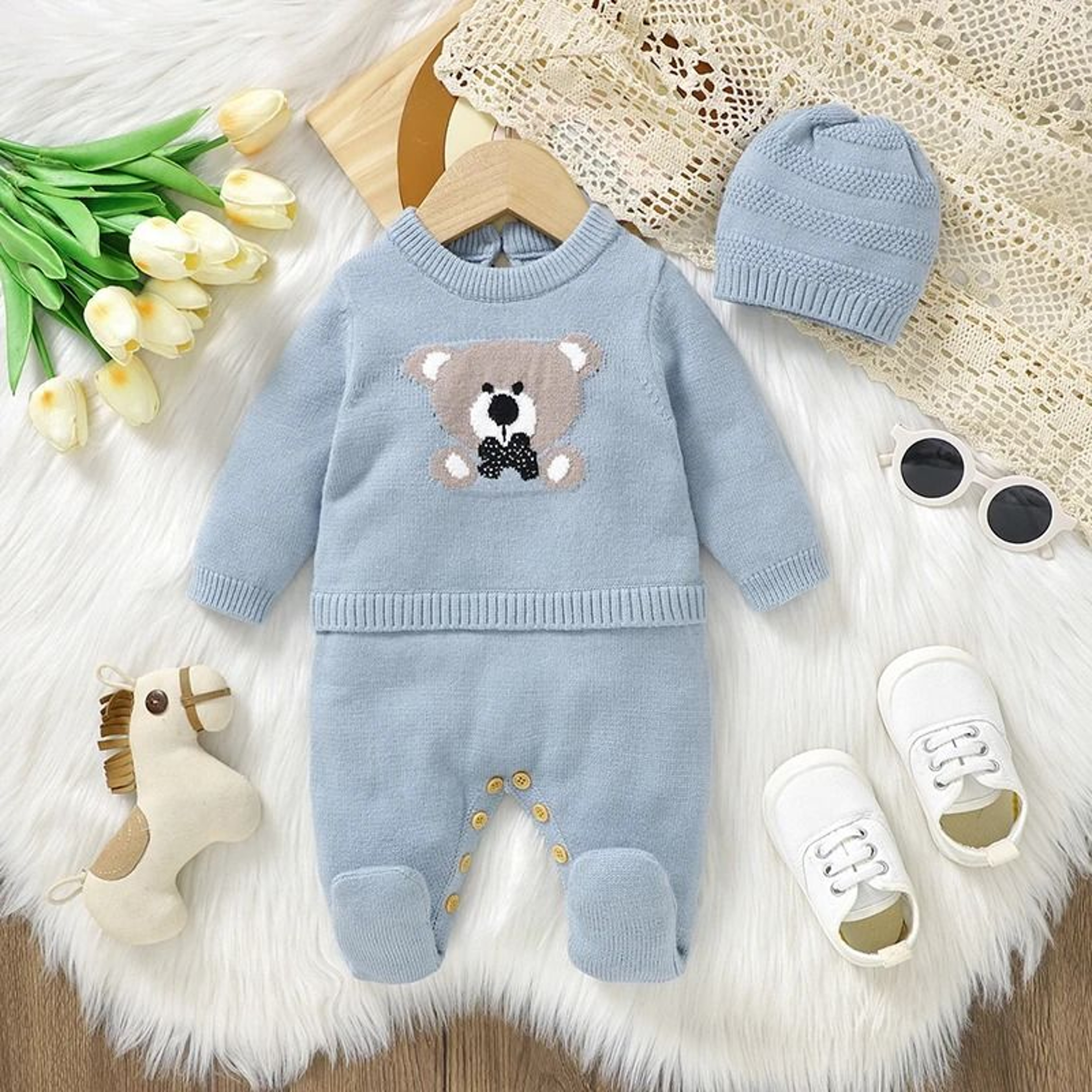 Baby Boy Knitted Romper And Hat Set Long Sleeve Newborn 2 Piece Outfit 0
