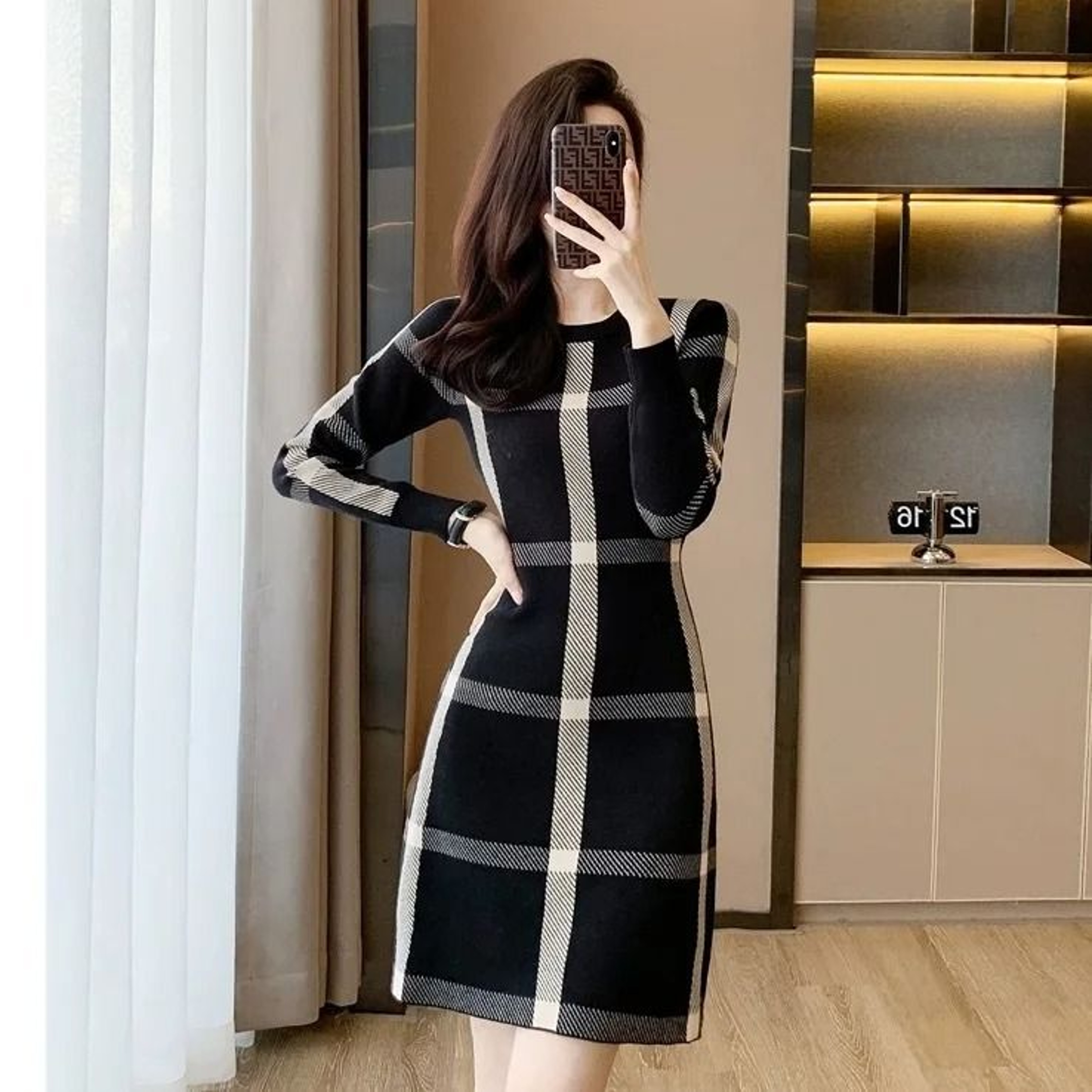 Womens Retro Black Knit Dress Slim Fit Autumn Winter Sweater Dress 2