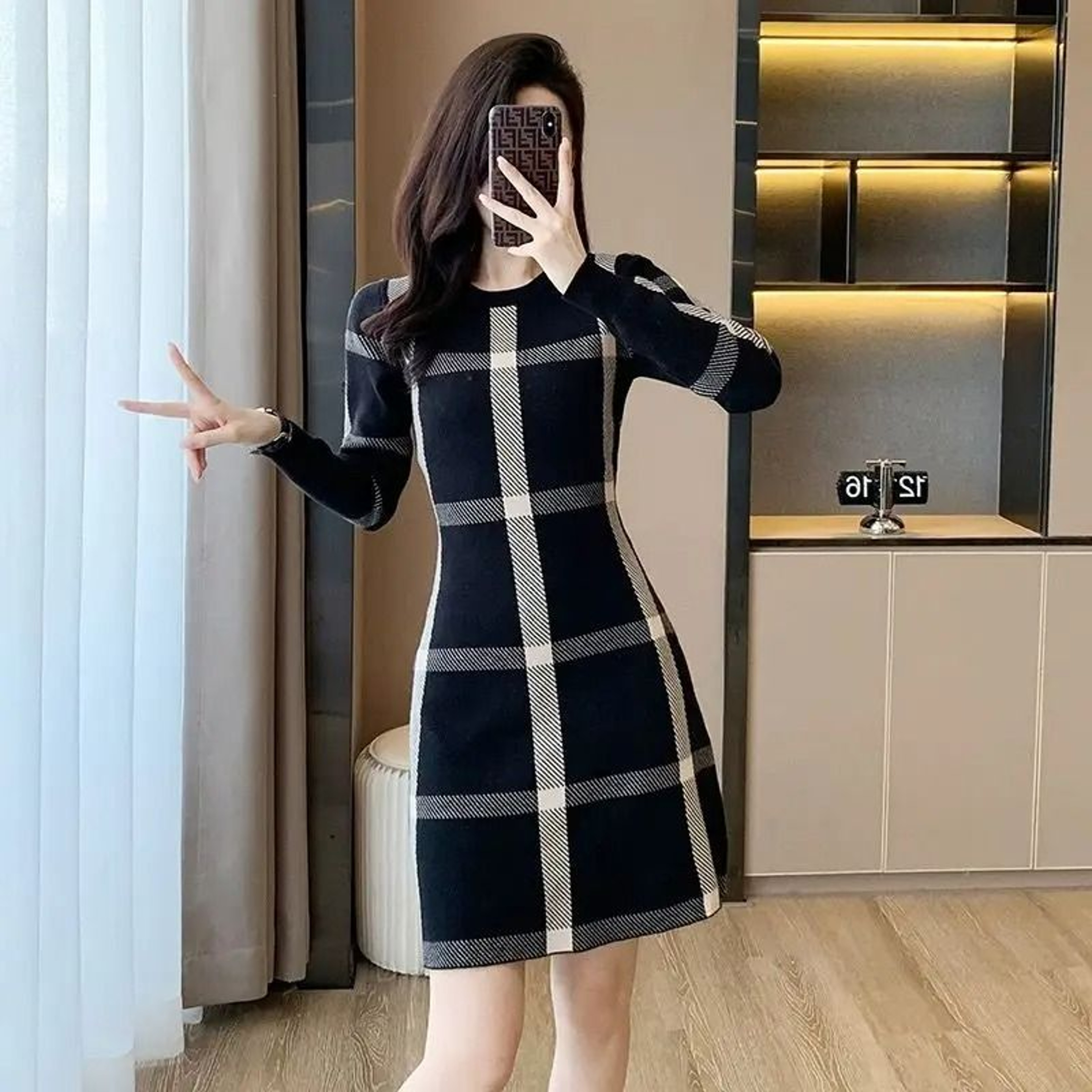Womens Retro Black Knit Dress Slim Fit Autumn Winter Sweater Dress 4