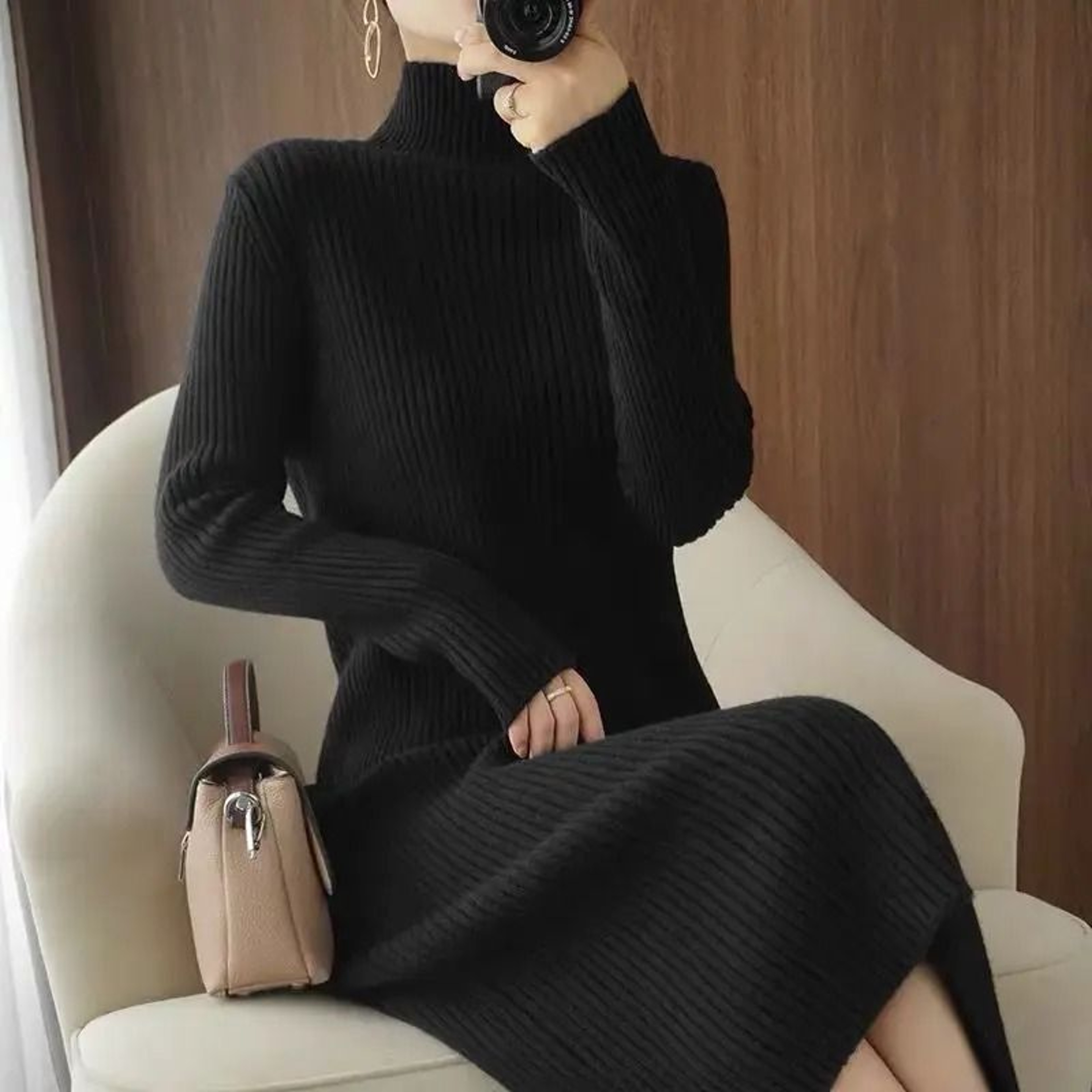 Womens White Maxi Sweater Dress Long Sleeve Vintage Korean Knit Dress 1