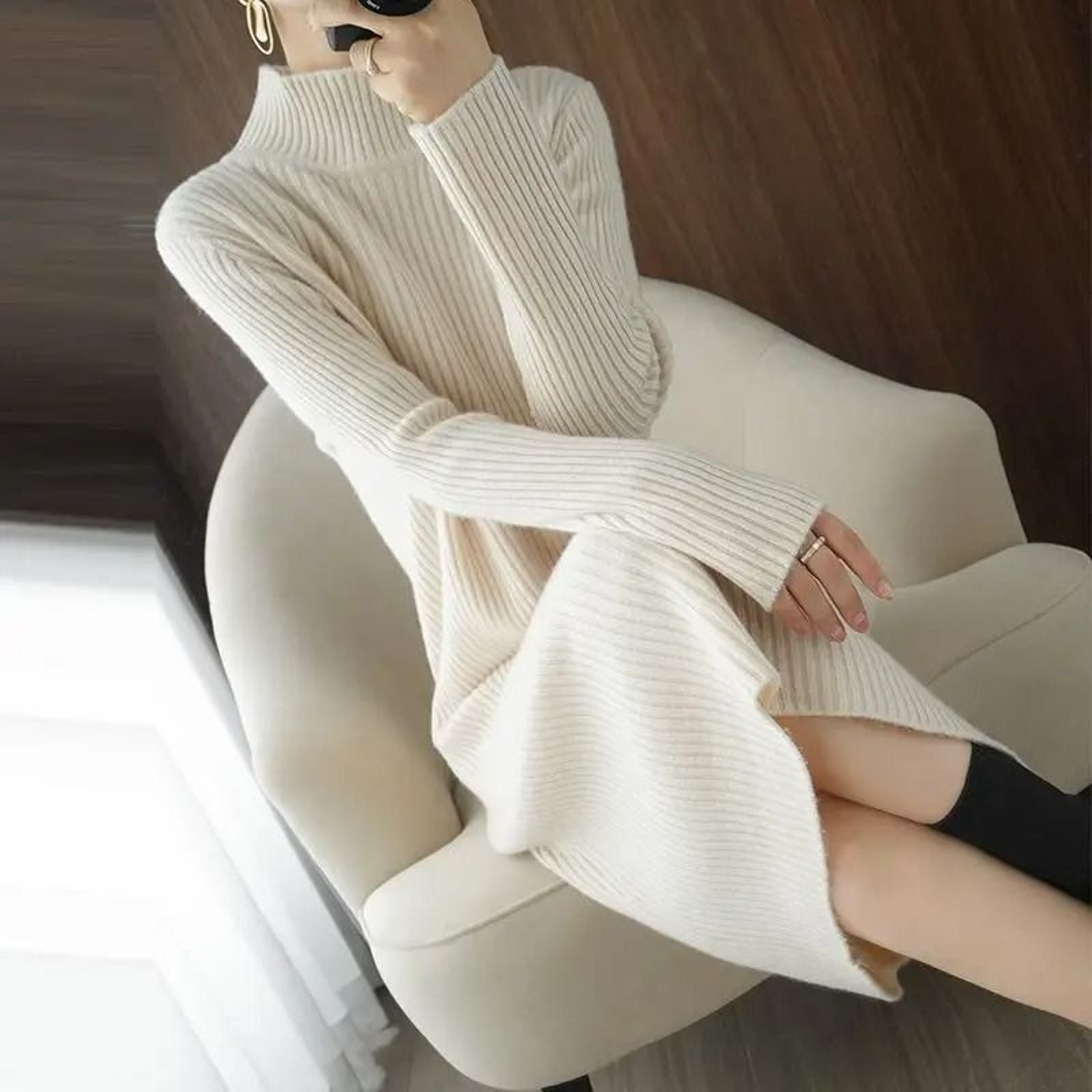 Womens White Maxi Sweater Dress Long Sleeve Vintage Korean Knit Dress 6