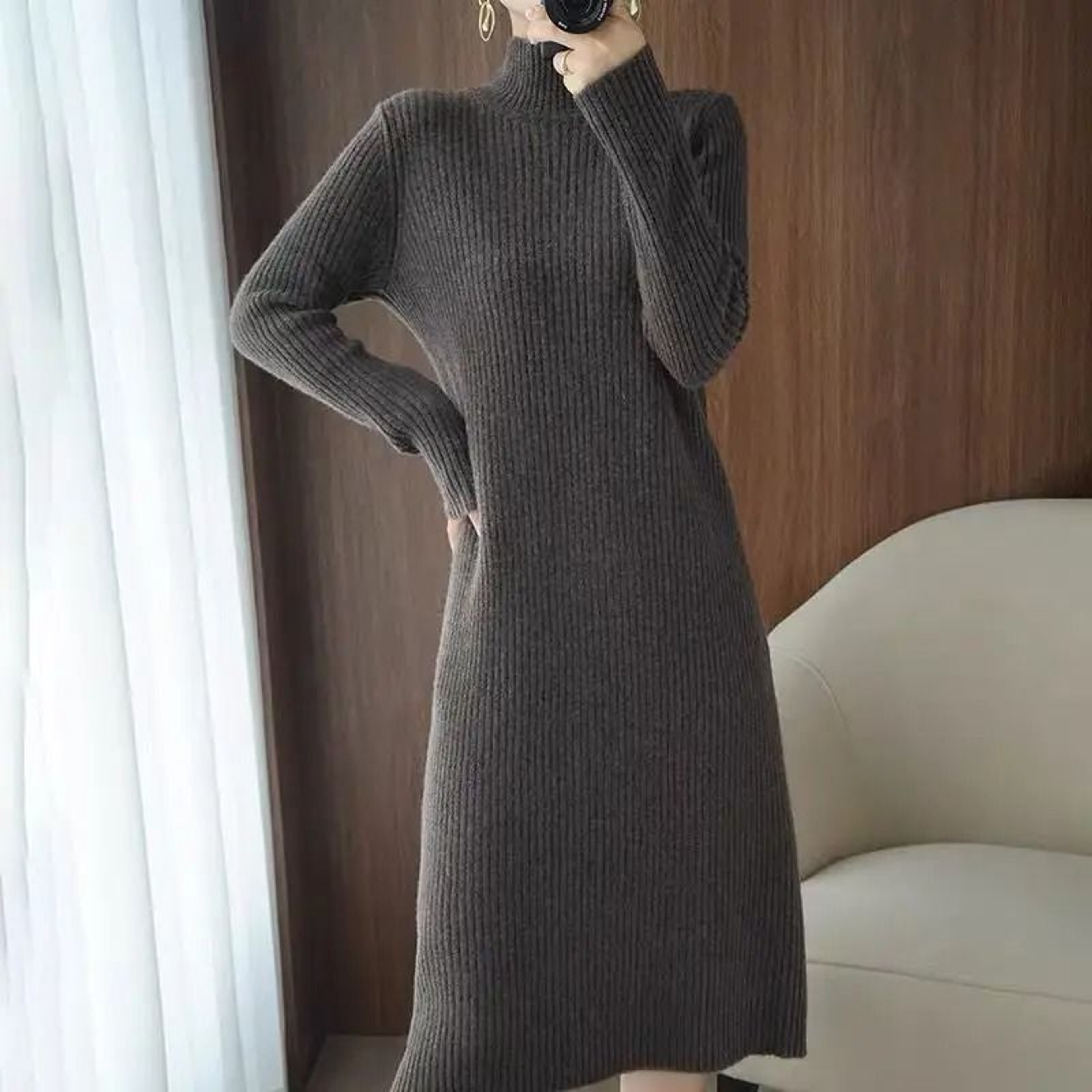 Womens White Maxi Sweater Dress Long Sleeve Vintage Korean Knit Dress 5