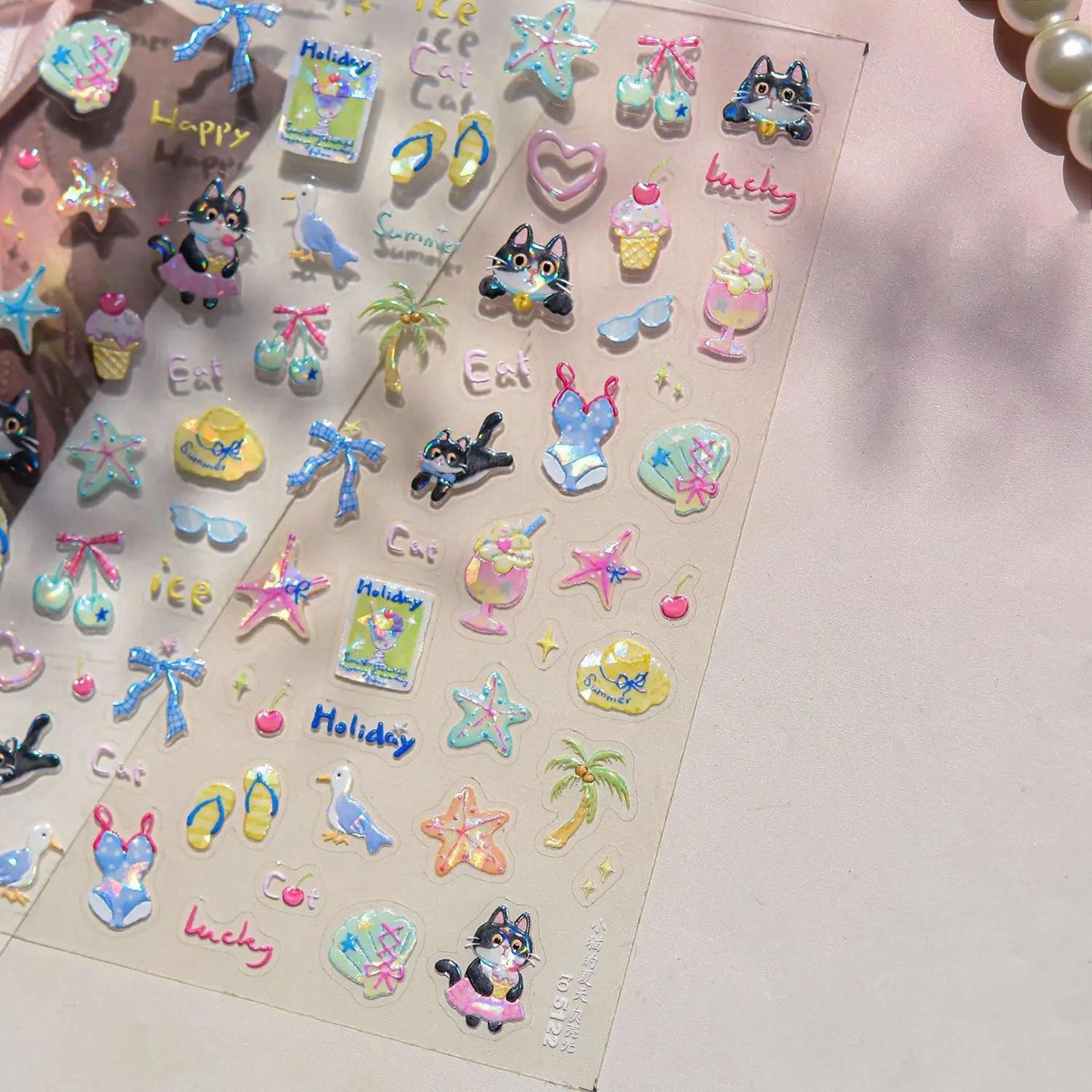 5D Bubble Nail Art Stickers Shell Light Cat Heart Summer Manicure Decals 8