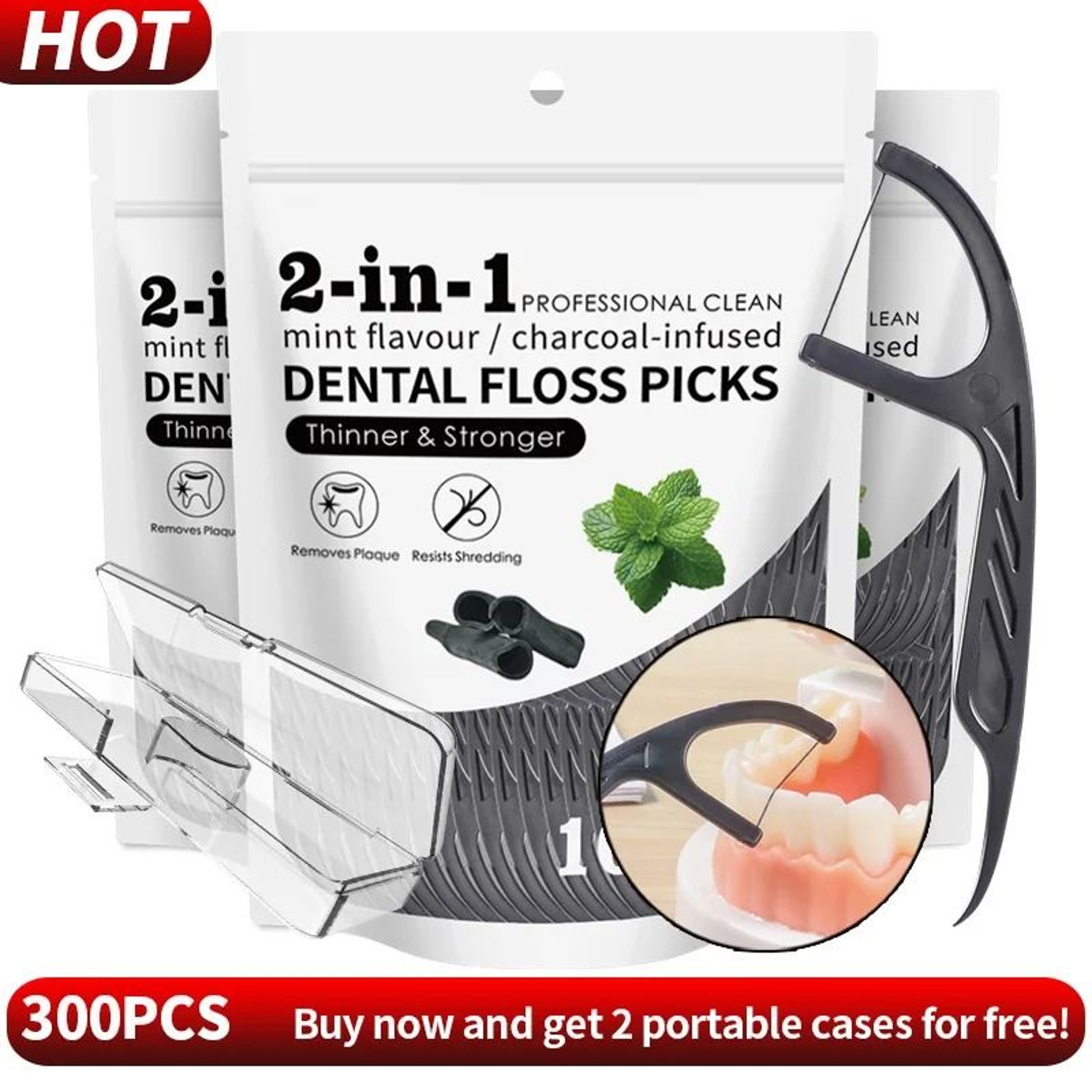 30 To 600PCS Bamboo Charcoal Mint Floss Picks 2 In 1 Dental Cleaning Sticks 3