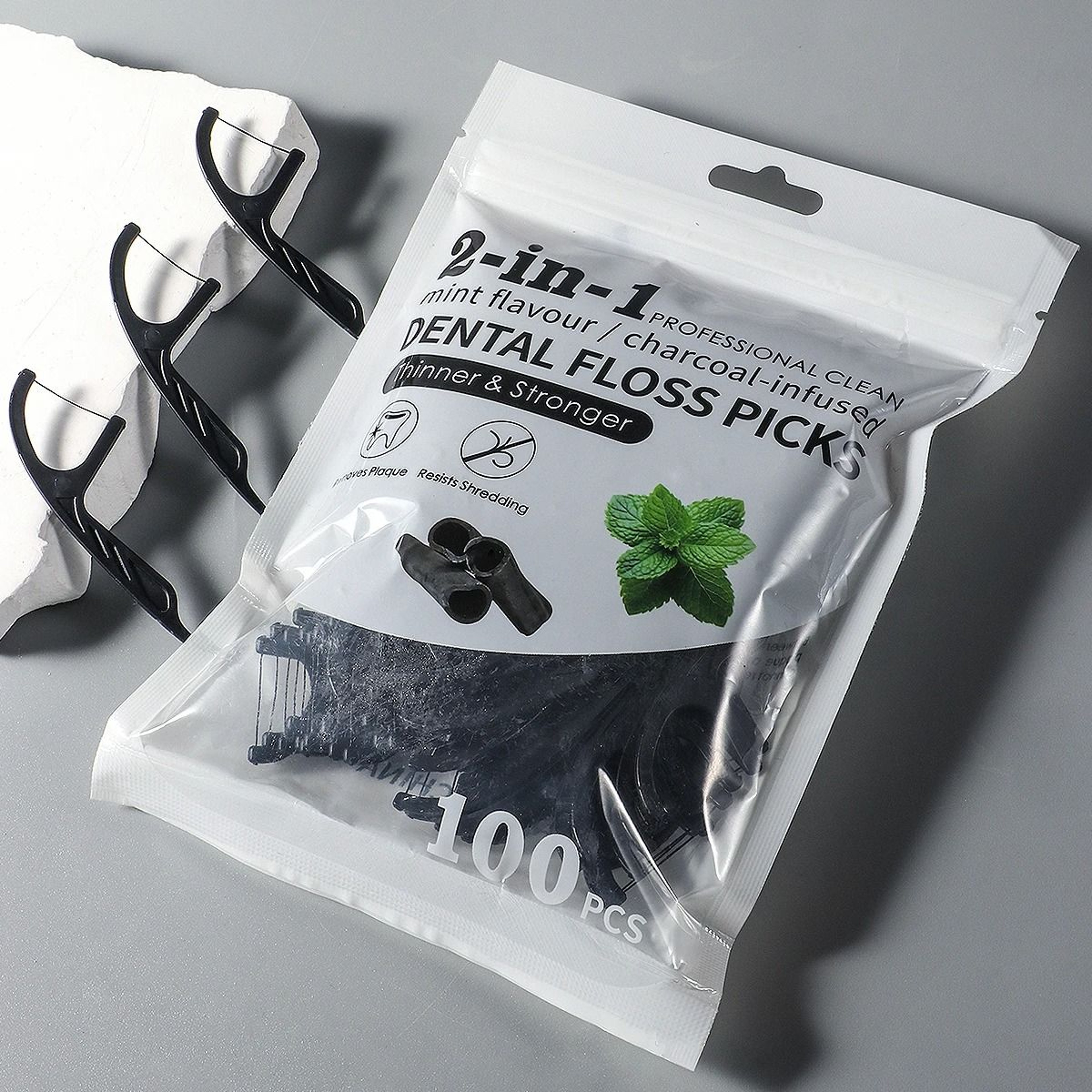 30 To 600PCS Bamboo Charcoal Mint Floss Picks 2 In 1 Dental Cleaning Sticks 5