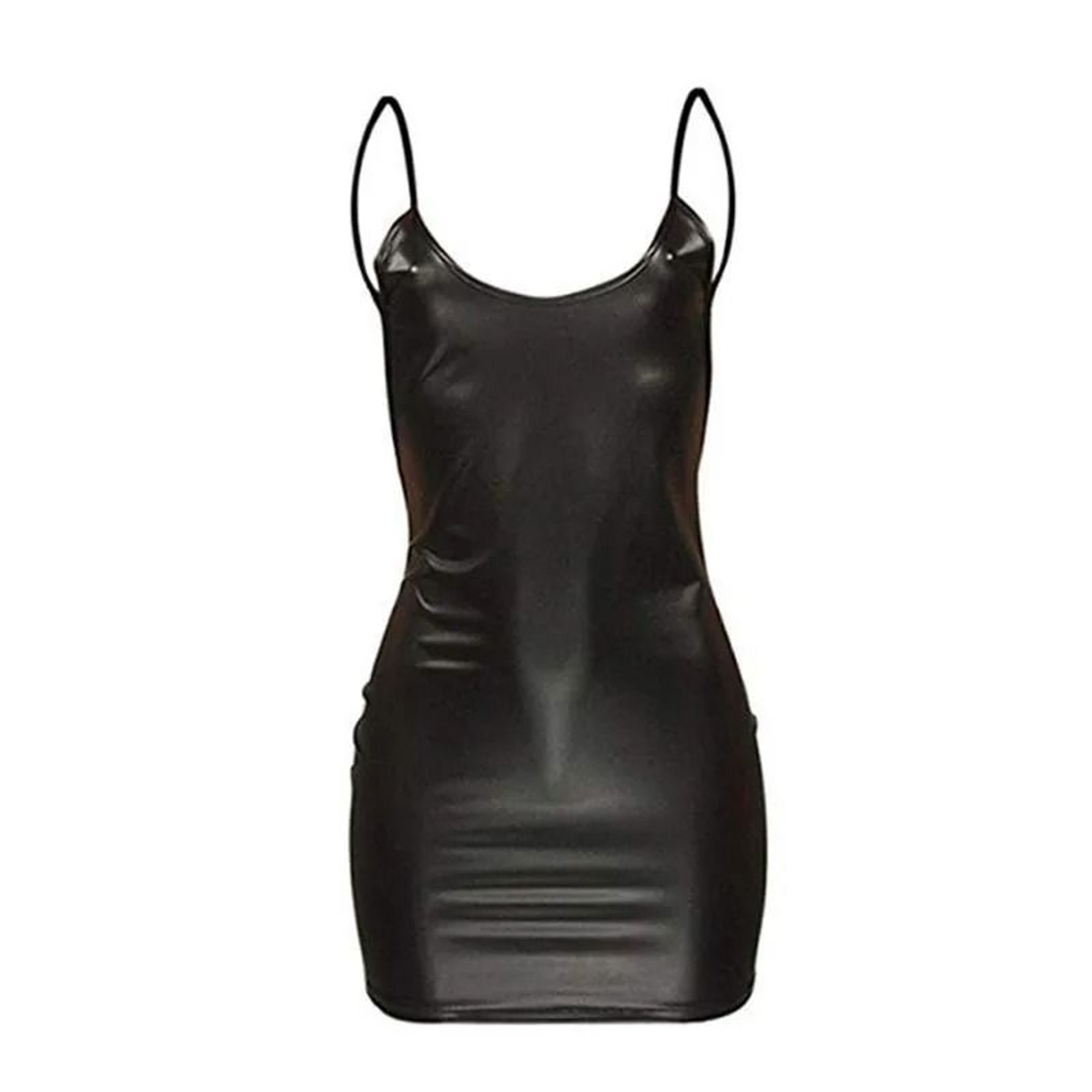 Womens Black Faux Leather Mini Dress Backless Wet Look Bodycon Club Dress 1