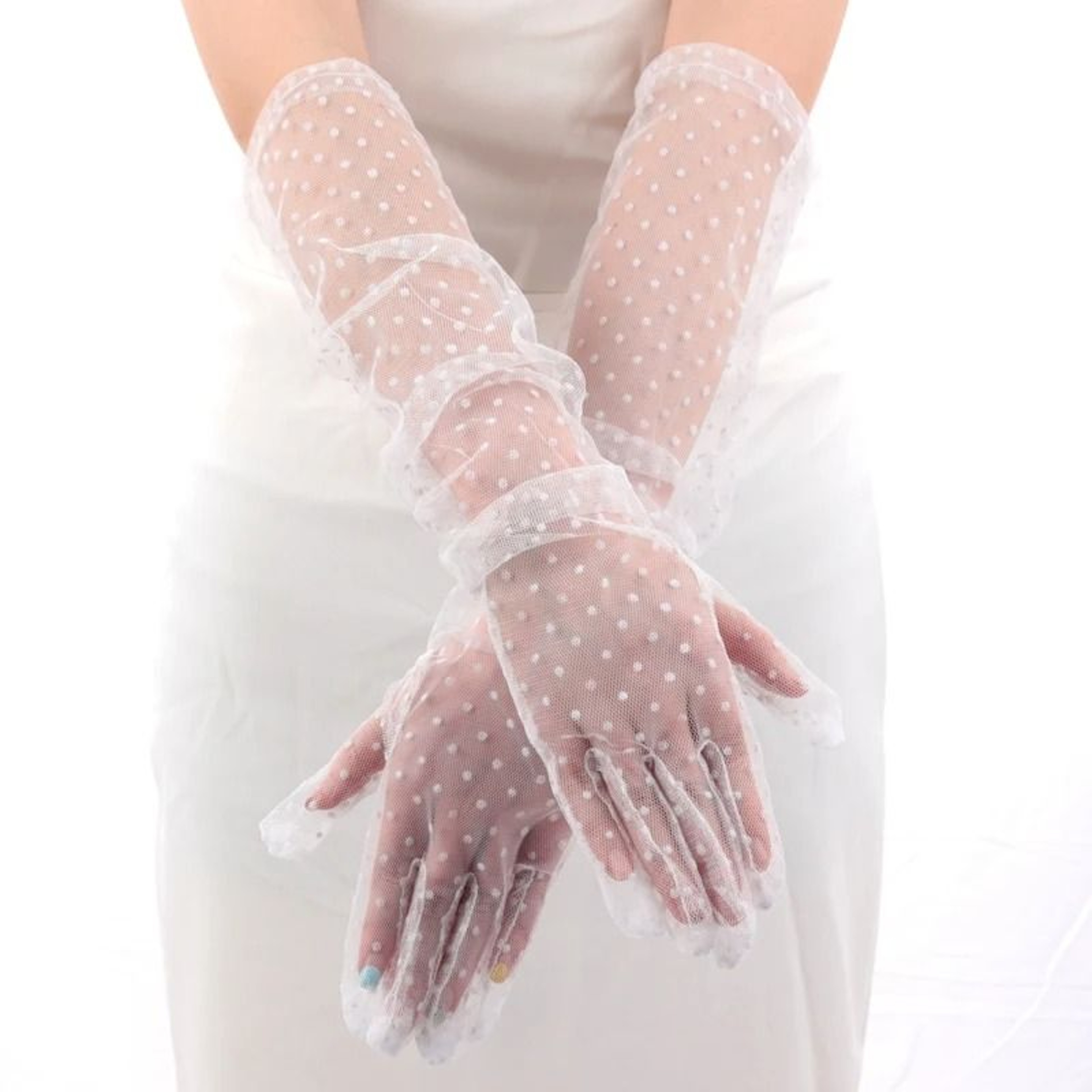 Womens Black Lace Fishnet Gloves Long Sheer Dot Bridal Party Gloves 1