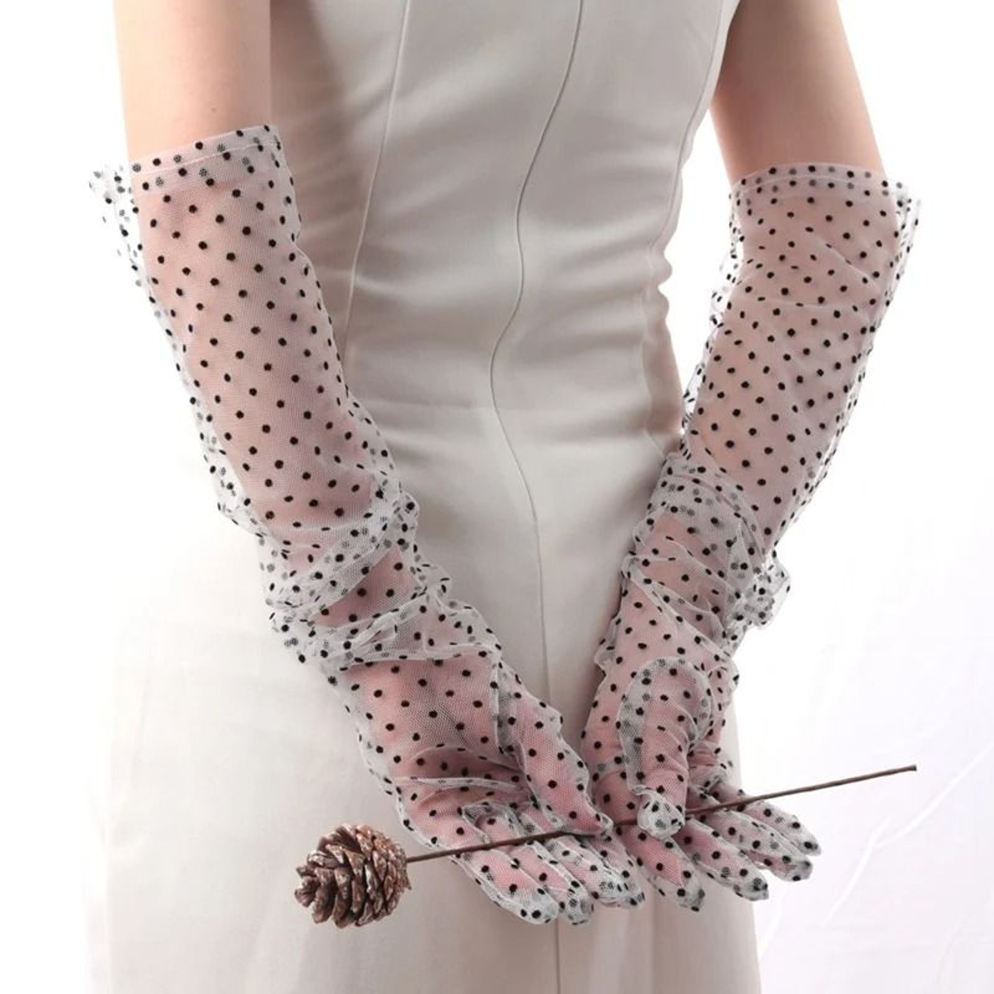 Womens Black Lace Fishnet Gloves Long Sheer Dot Bridal Party Gloves 5