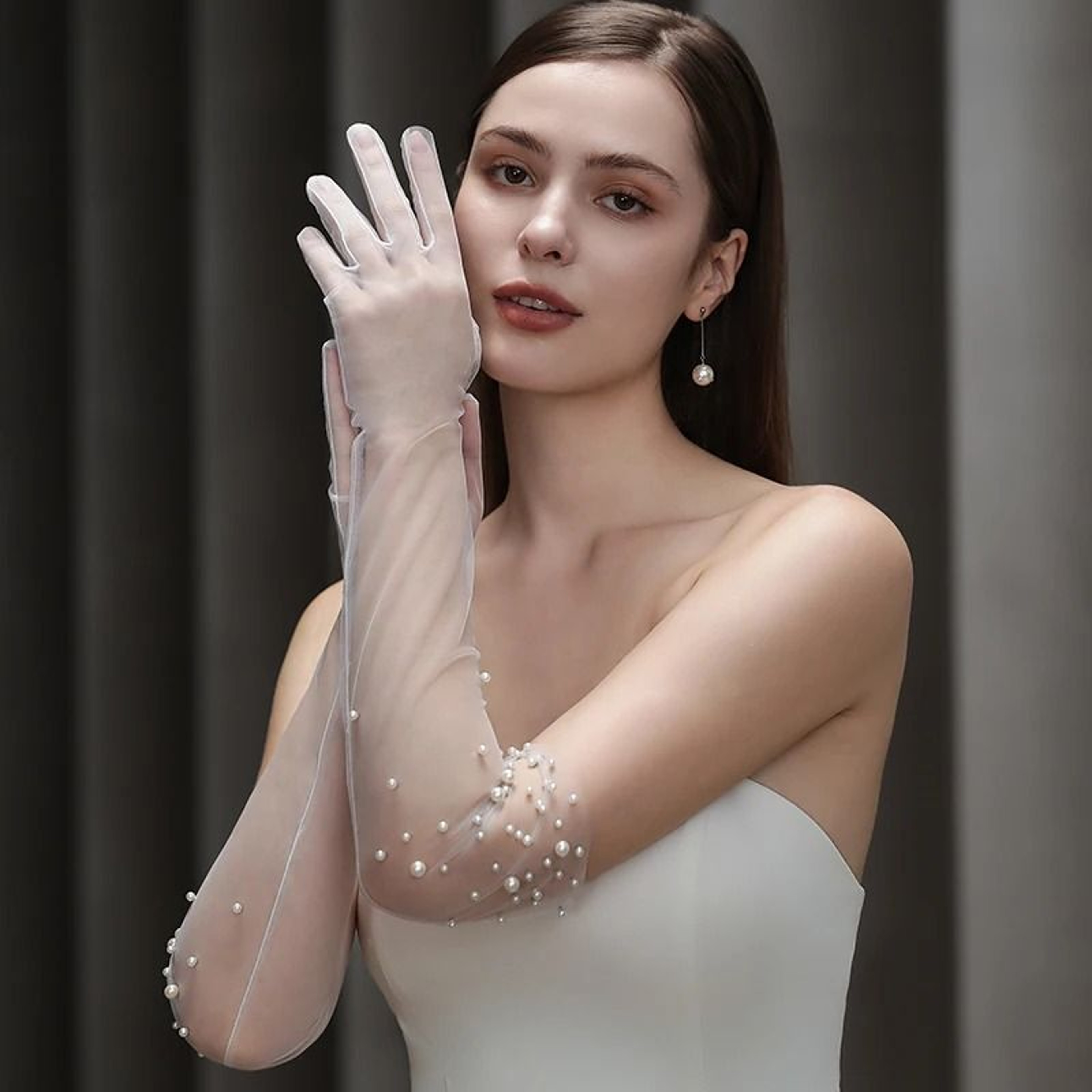 Womens Long Beaded Bridal Gloves Sheer Tulle Pearl Wedding Gloves 1
